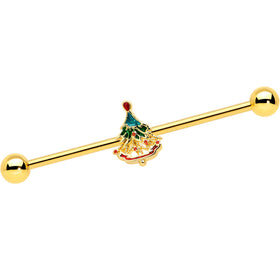 14G Red Gem Gold Tone Deco Holiday Tree Industrial Barbell 38mm