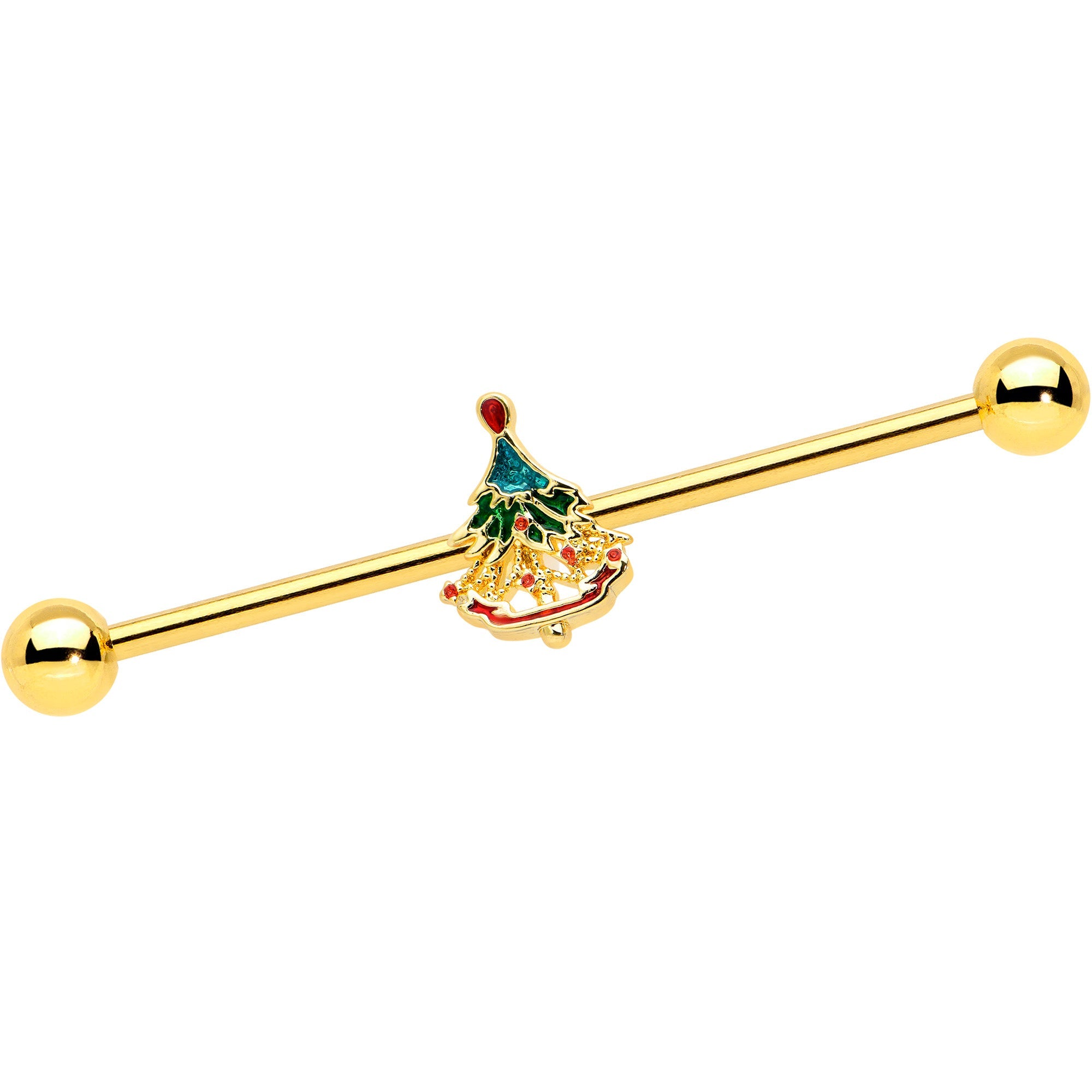 BodyCandy 14G Red Gem Gold Tone Deco Holiday Tree Industrial Barbell 38mm — main product shot