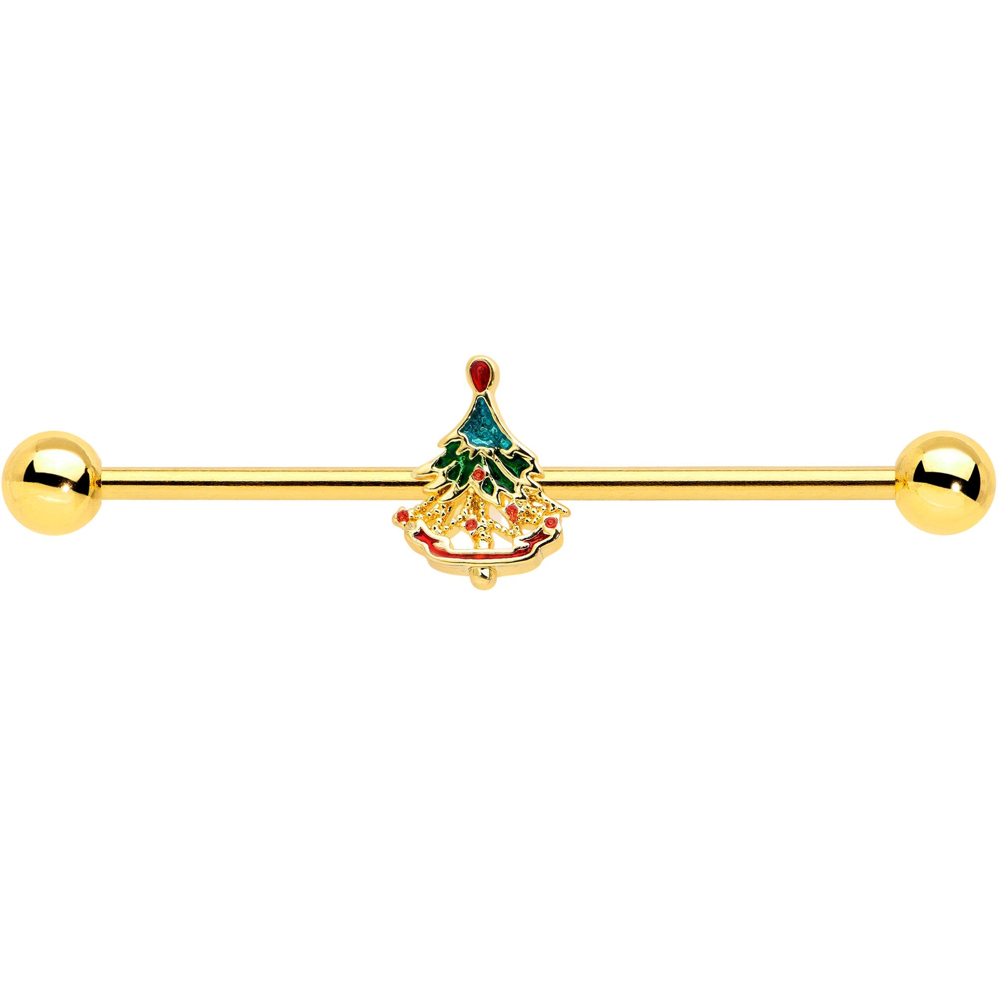 BodyCandy 14G Red Gem Gold Tone Deco Holiday Tree Industrial Barbell 38mm — detail close-up