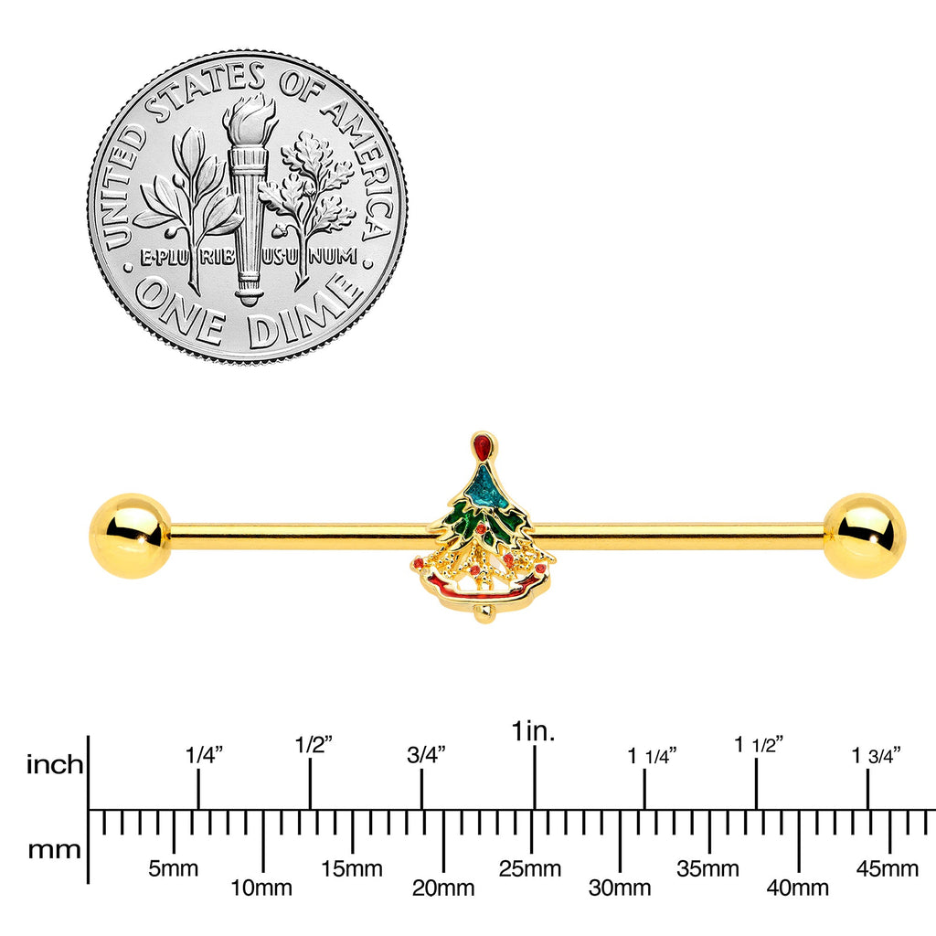 BodyCandy 14G Red Gem Gold Tone Deco Holiday Tree Industrial Barbell 38mm — lifestyle context