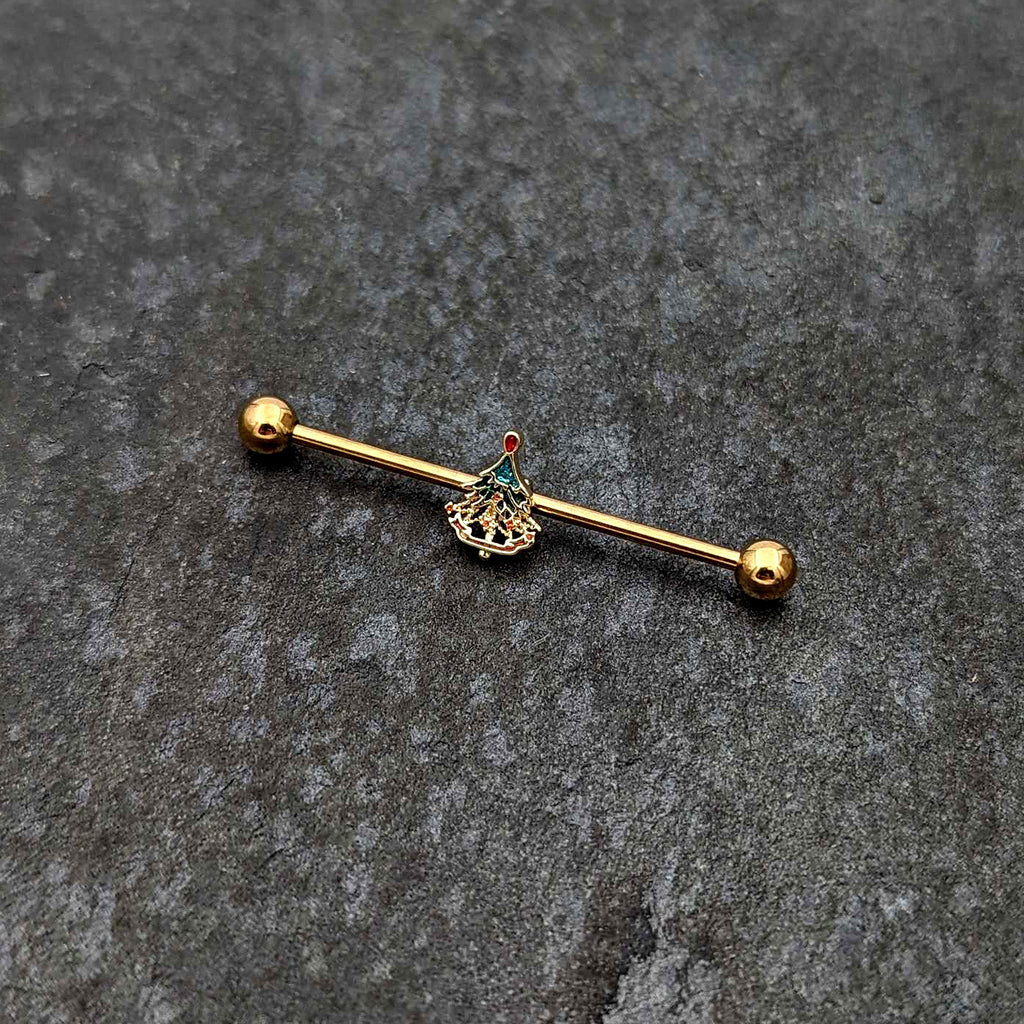 BodyCandy 14G Red Gem Gold Tone Deco Holiday Tree Industrial Barbell 38mm — side view