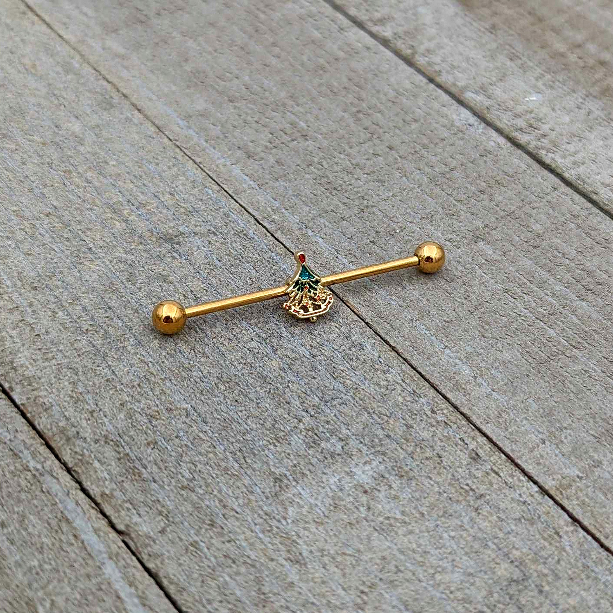 BodyCandy 14G Red Gem Gold Tone Deco Holiday Tree Industrial Barbell 38mm — back view