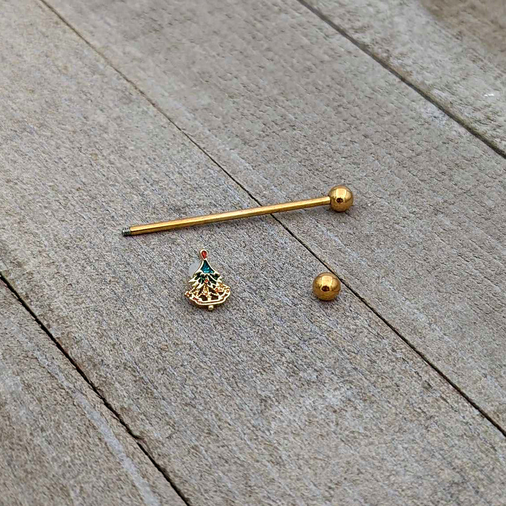BodyCandy 14G Red Gem Gold Tone Deco Holiday Tree Industrial Barbell 38mm — alternative angle