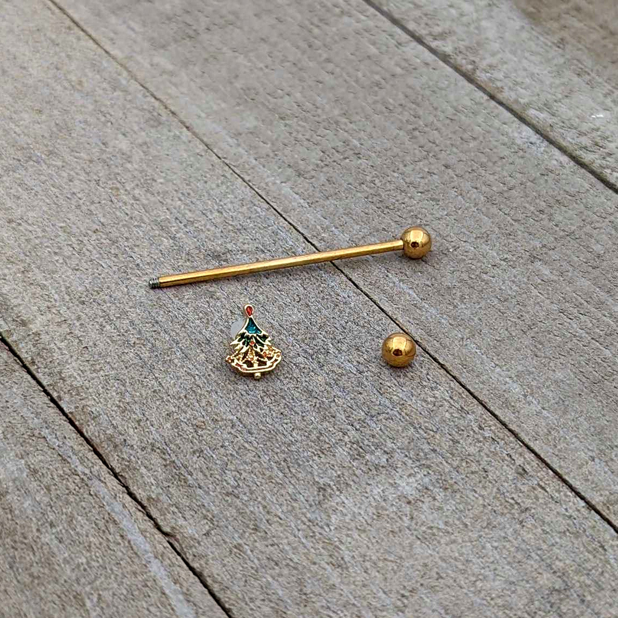 BodyCandy 14G Red Gem Gold Tone Deco Holiday Tree Industrial Barbell 38mm — alternative angle