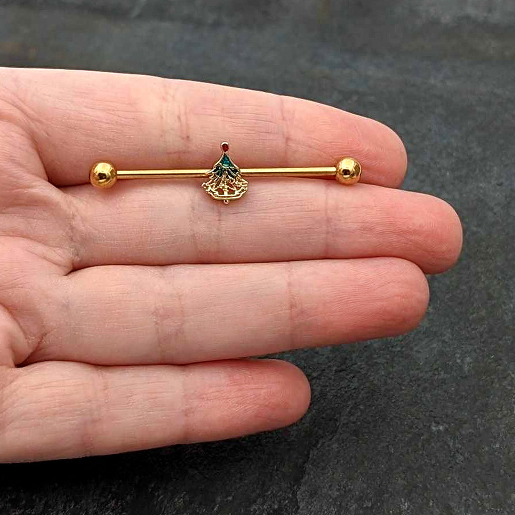 BodyCandy 14G Red Gem Gold Tone Deco Holiday Tree Industrial Barbell 38mm — in-use photo