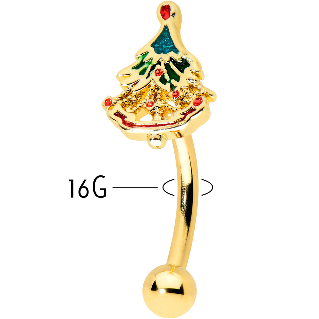 BodyCandy 16G 5/16 Red Gem Gold Tone Deco Holiday Tree Curved Eyebrow Ring — lifestyle context