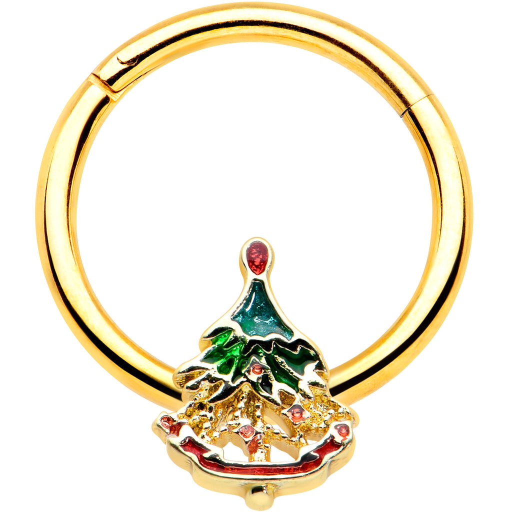 BodyCandy 16G 3/8 Red Gem Gold Tone Deco Holiday Tree Hinged Segment Ring — main product shot