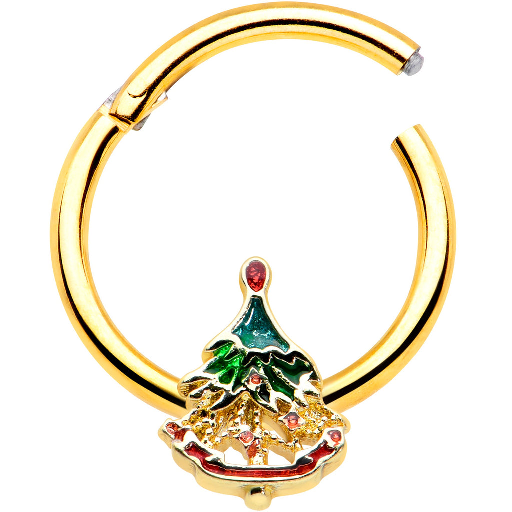BodyCandy 16G 3/8 Red Gem Gold Tone Deco Holiday Tree Hinged Segment Ring — detail close-up