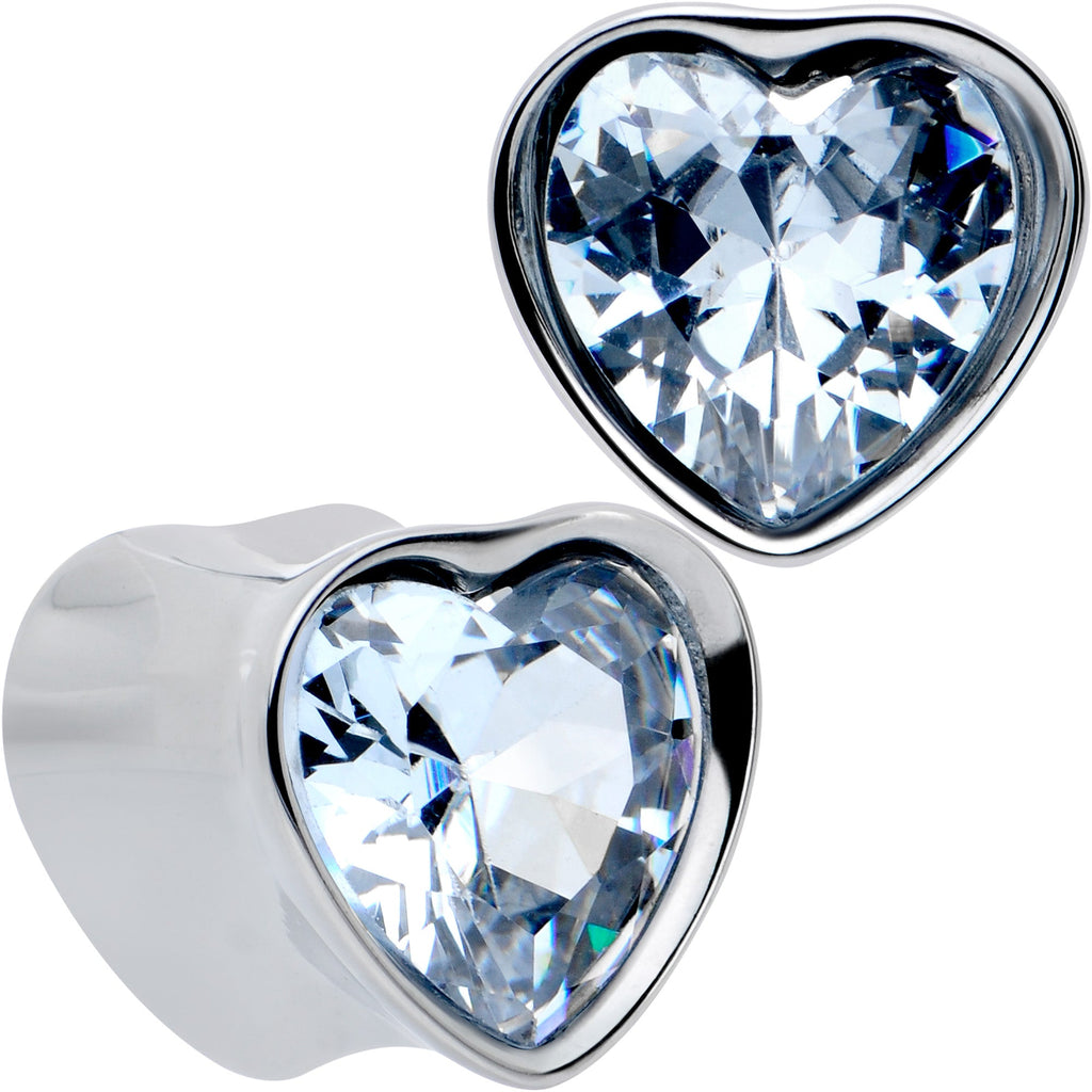 BodyCandy Stainless Steel CZ Gem Heart In Heart Double Flare Plug Set 8mm to 16mm — color detail