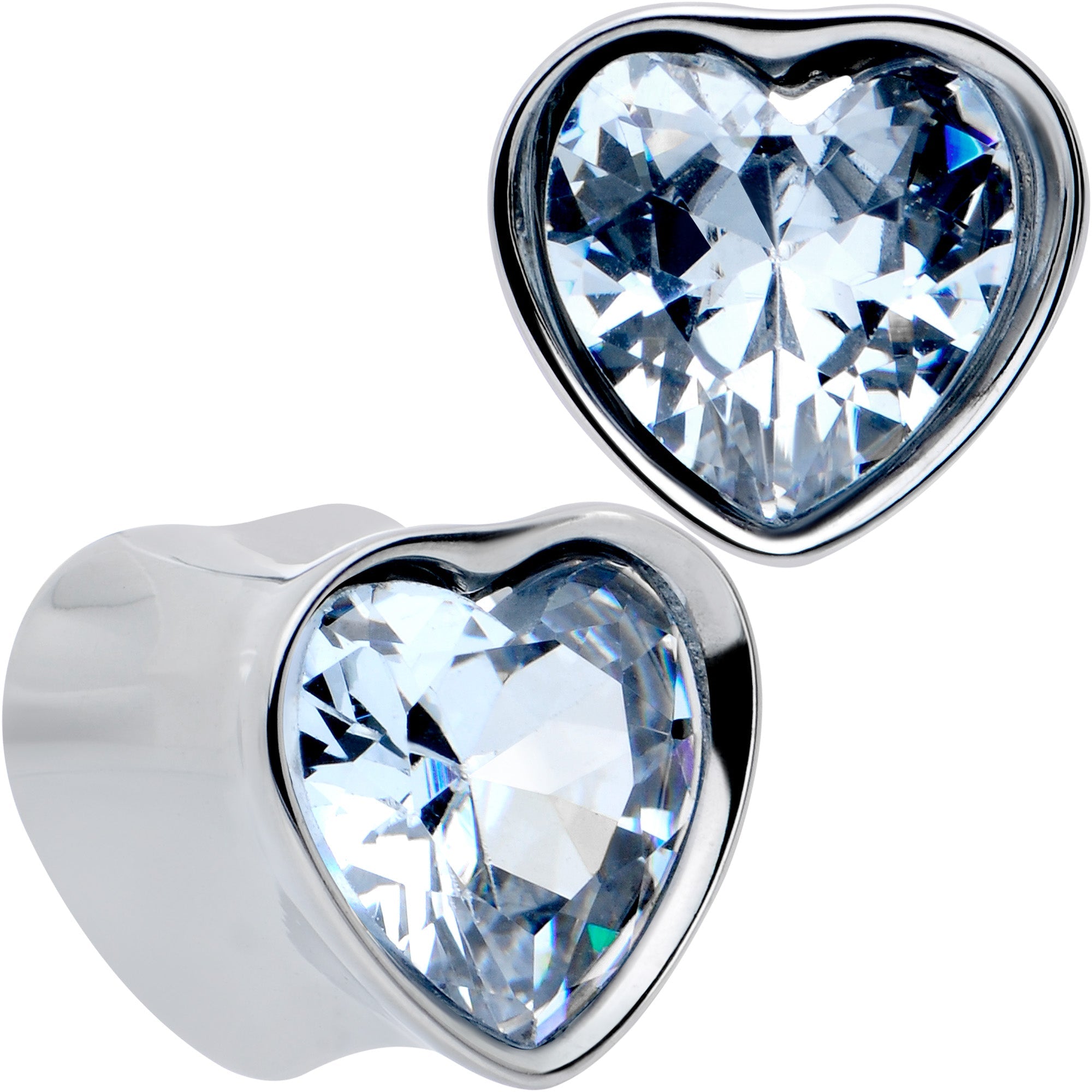 BodyCandy Stainless Steel CZ Gem Heart In Heart Double Flare Plug Set 8mm to 16mm — color detail