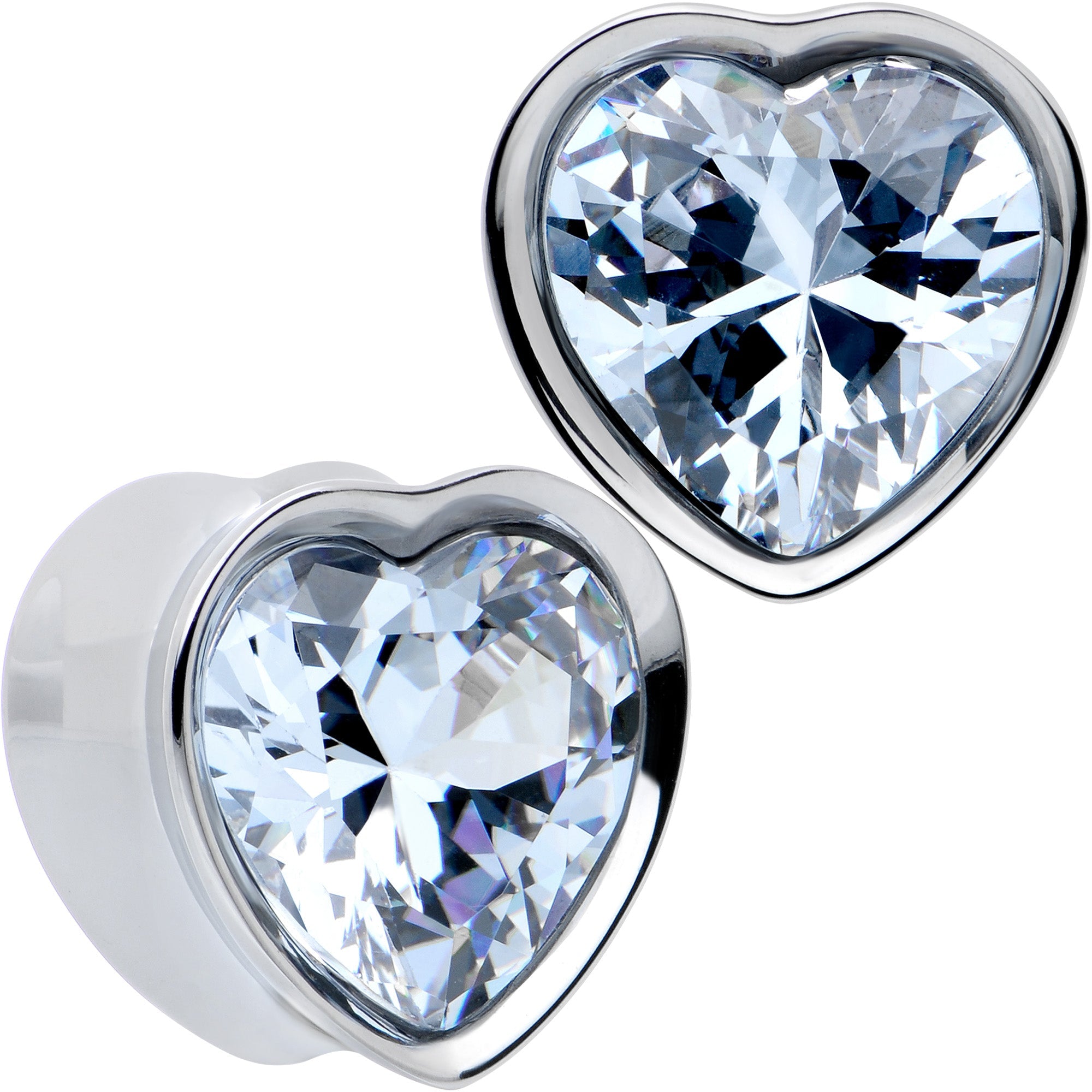 BodyCandy Stainless Steel CZ Gem Heart In Heart Double Flare Plug Set 8mm to 16mm — feature highlight