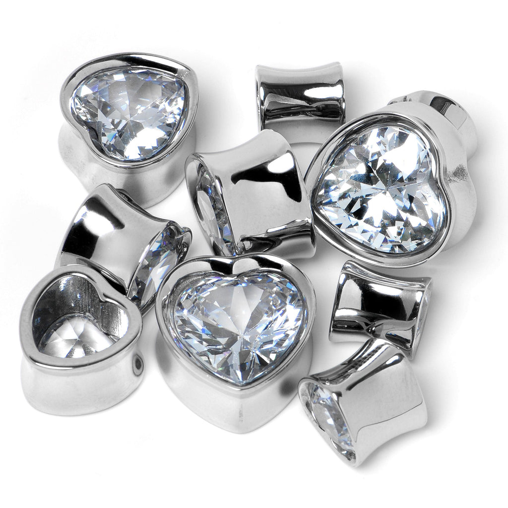 BodyCandy Stainless Steel CZ Gem Heart In Heart Double Flare Plug Set 8mm to 16mm — main product shot