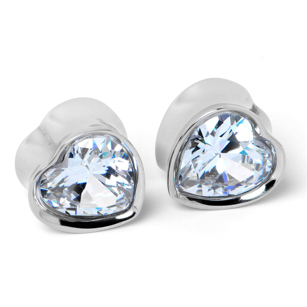 BodyCandy Stainless Steel CZ Gem Heart In Heart Double Flare Plug Set 8mm to 16mm — alternative angle