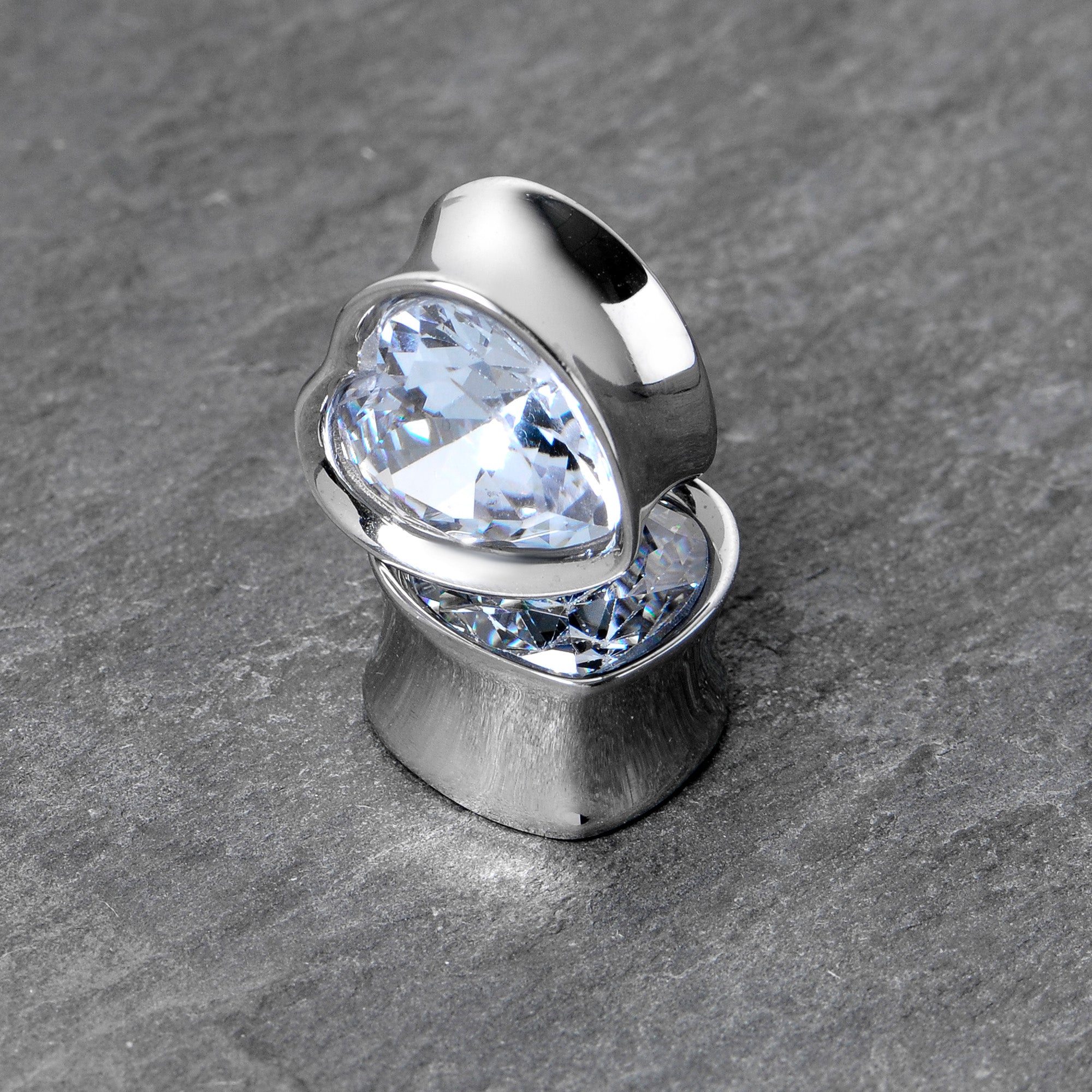 BodyCandy Stainless Steel CZ Gem Heart In Heart Double Flare Plug Set 8mm to 16mm — in-use photo