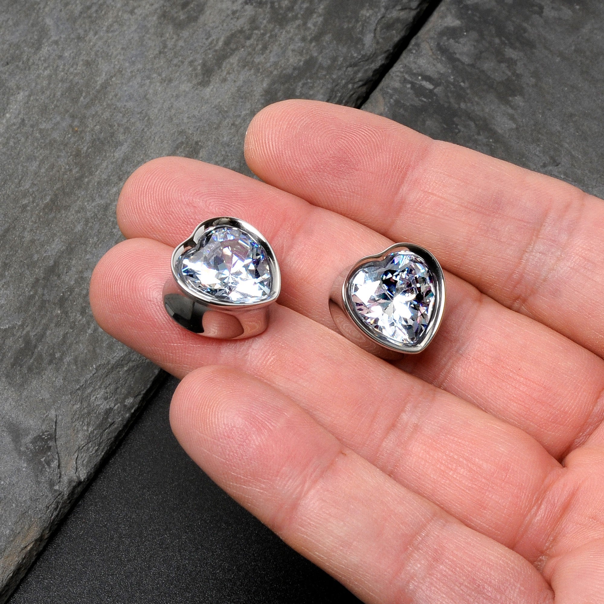 BodyCandy Stainless Steel CZ Gem Heart In Heart Double Flare Plug Set 8mm to 16mm — size reference
