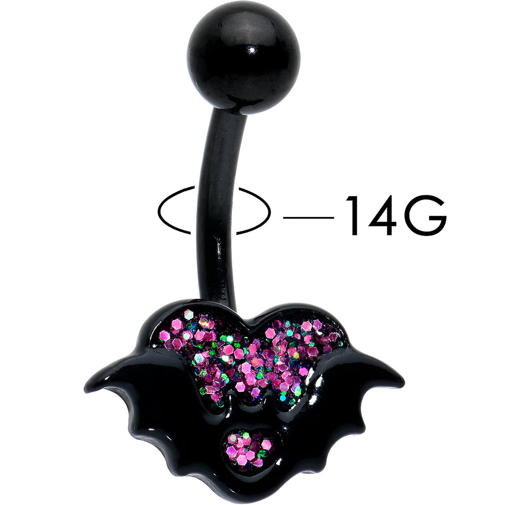 BodyCandy Black Bat Heart Halloween Pink Green Belly Ring — detail close-up