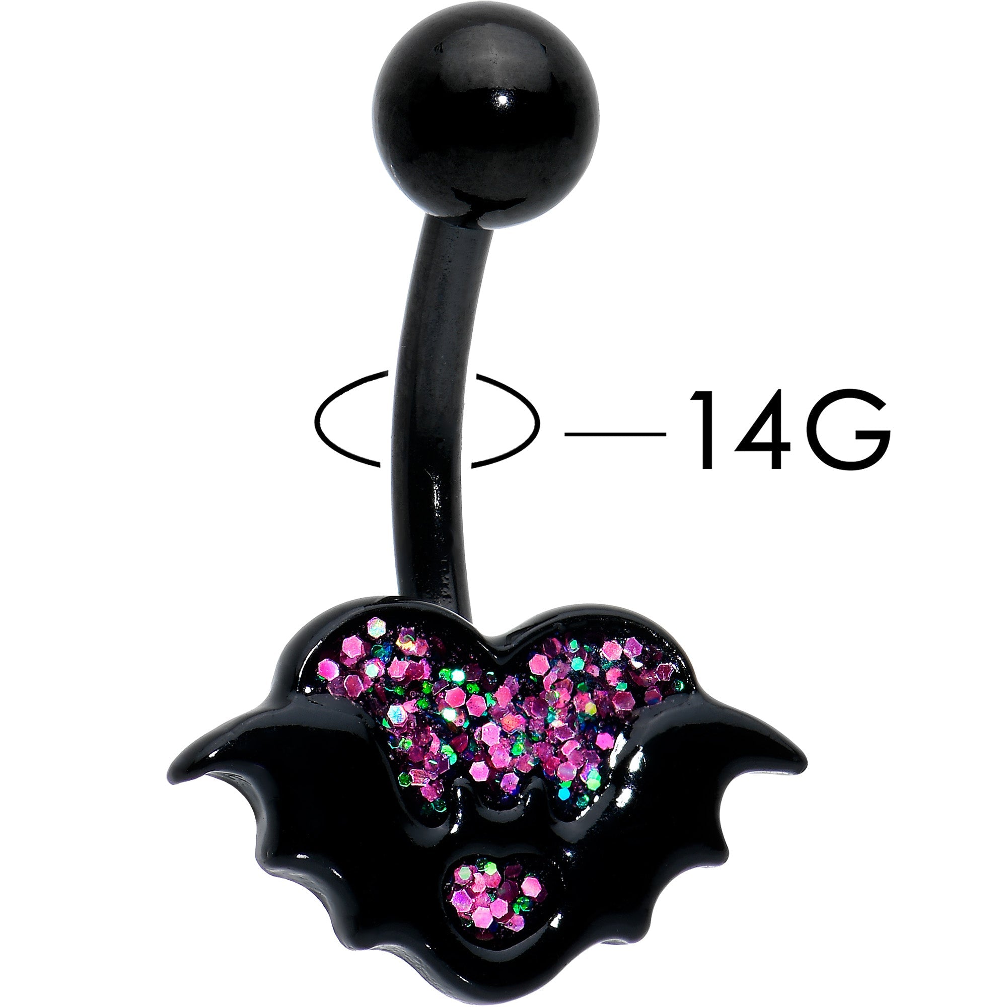 BodyCandy Black Bat Heart Halloween Pink Green Belly Ring — detail close-up