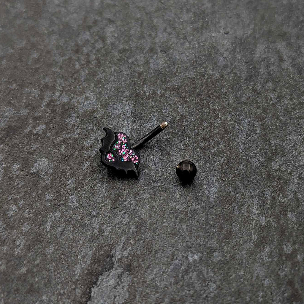 BodyCandy Black Bat Heart Halloween Pink Green Belly Ring — side view