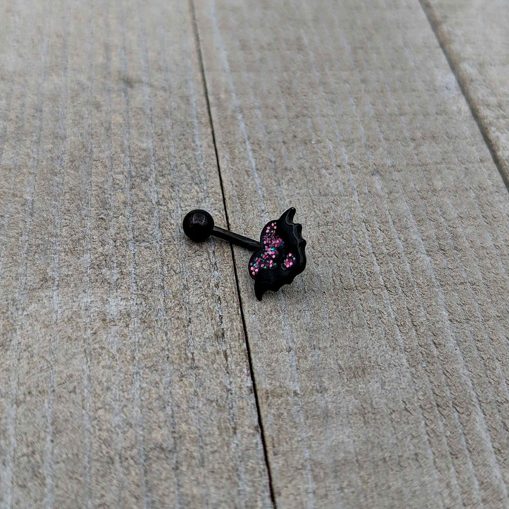 BodyCandy Black Bat Heart Halloween Pink Green Belly Ring — back view
