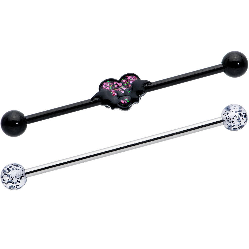 BodyCandy 14G Black Bat Heart Halloween Clear Industrial Barbell 38mm Set of 2 — main product shot