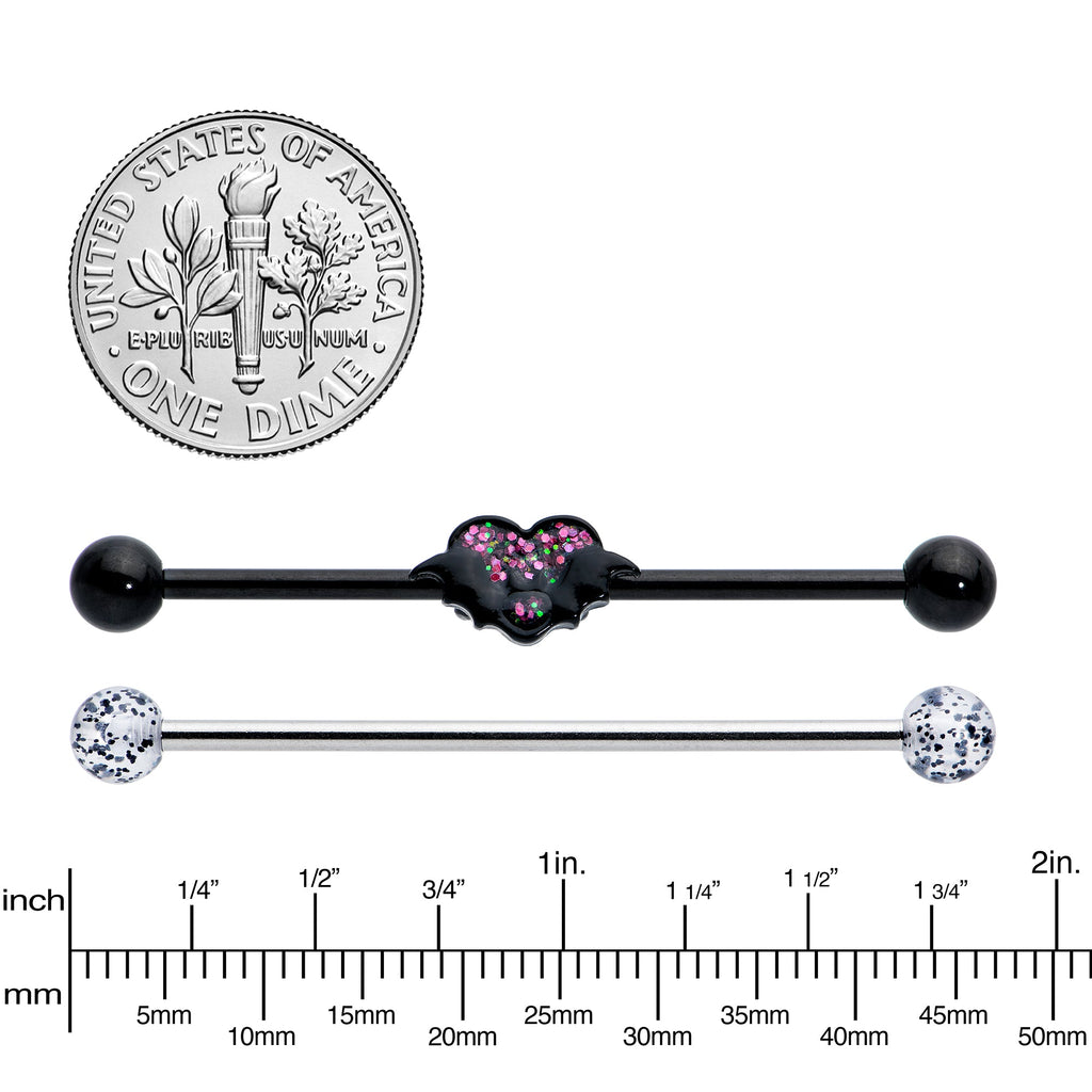 BodyCandy 14G Black Bat Heart Halloween Clear Industrial Barbell 38mm Set of 2 — detail close-up
