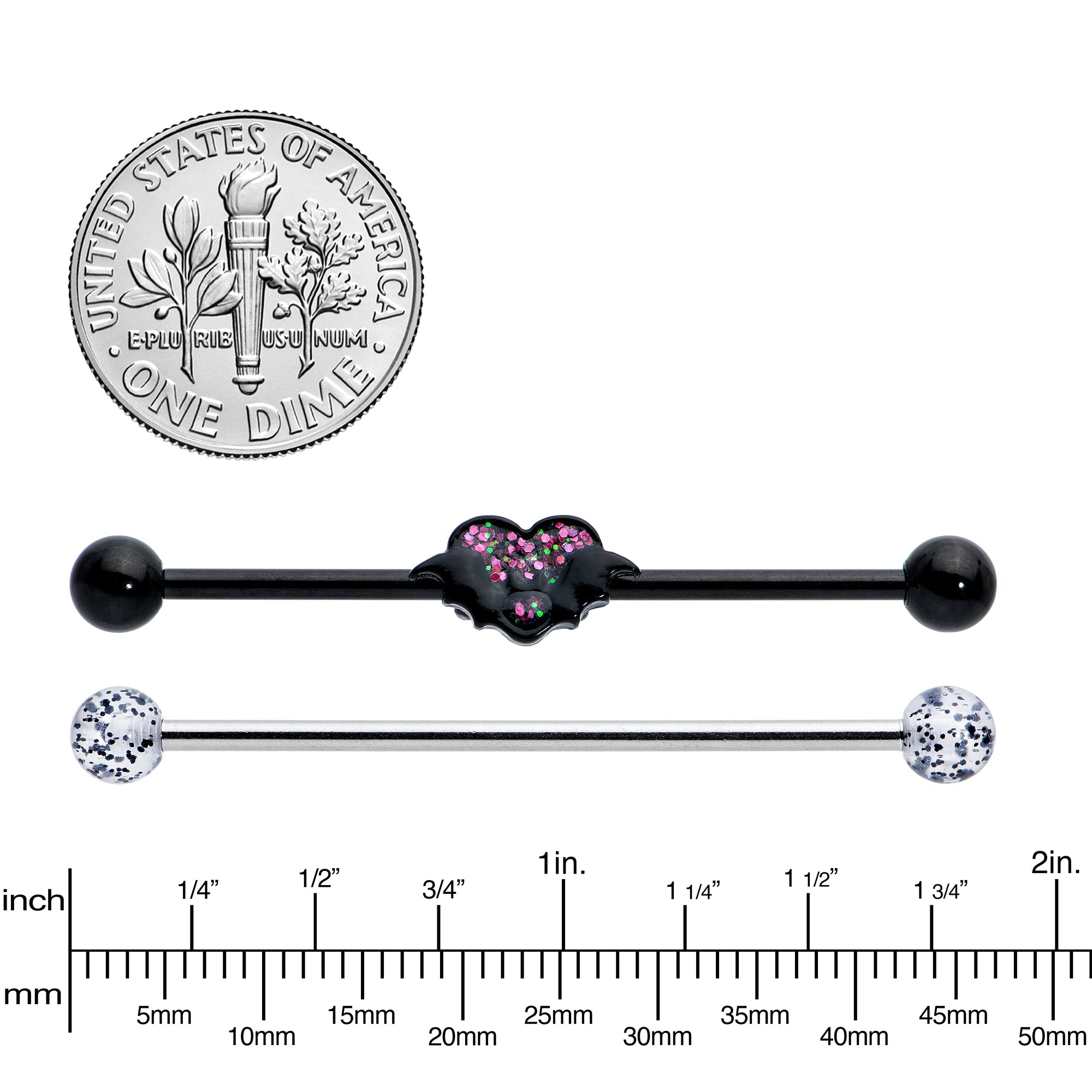 BodyCandy 14G Black Bat Heart Halloween Clear Industrial Barbell 38mm Set of 2 — detail close-up
