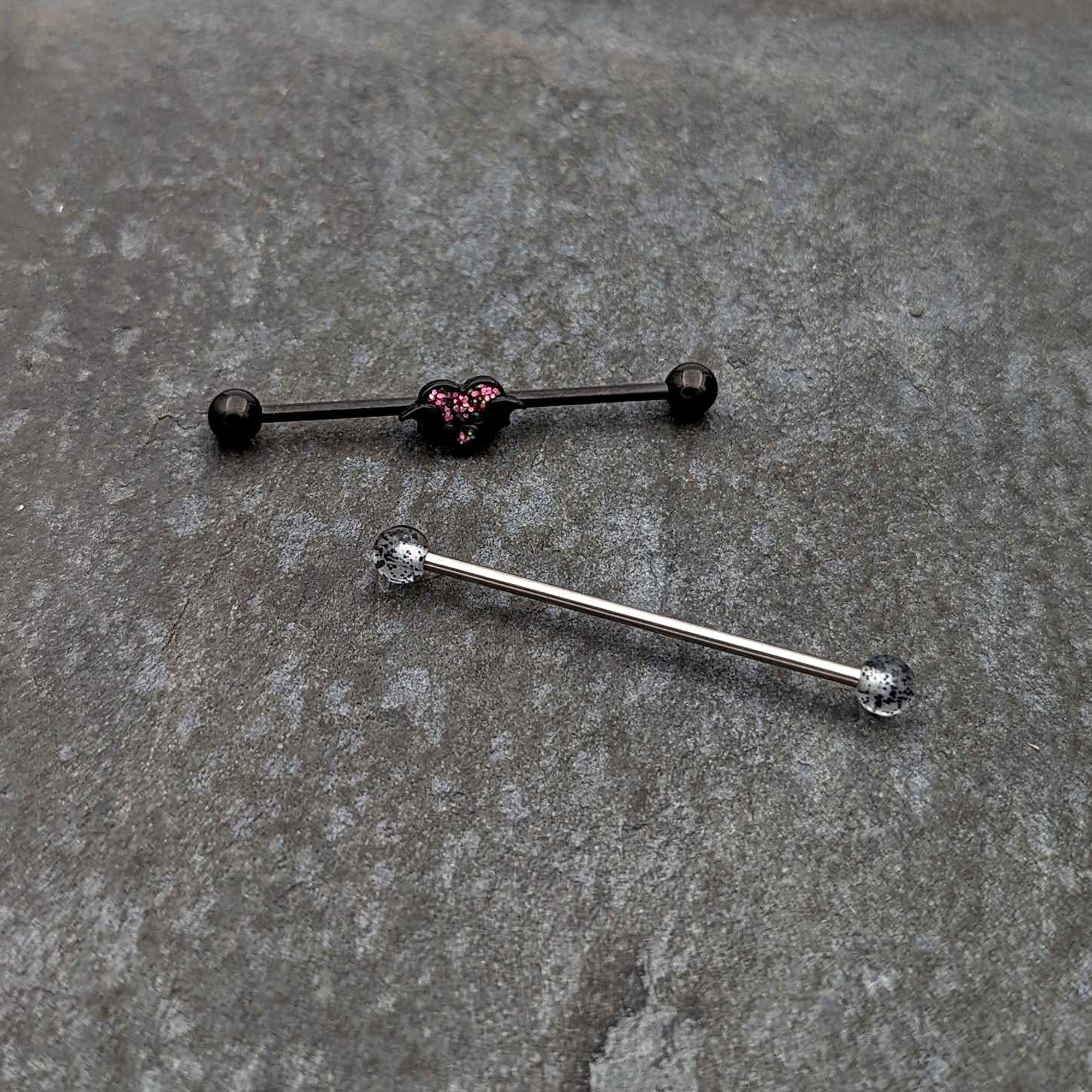 BodyCandy 14G Black Bat Heart Halloween Clear Industrial Barbell 38mm Set of 2 — lifestyle context