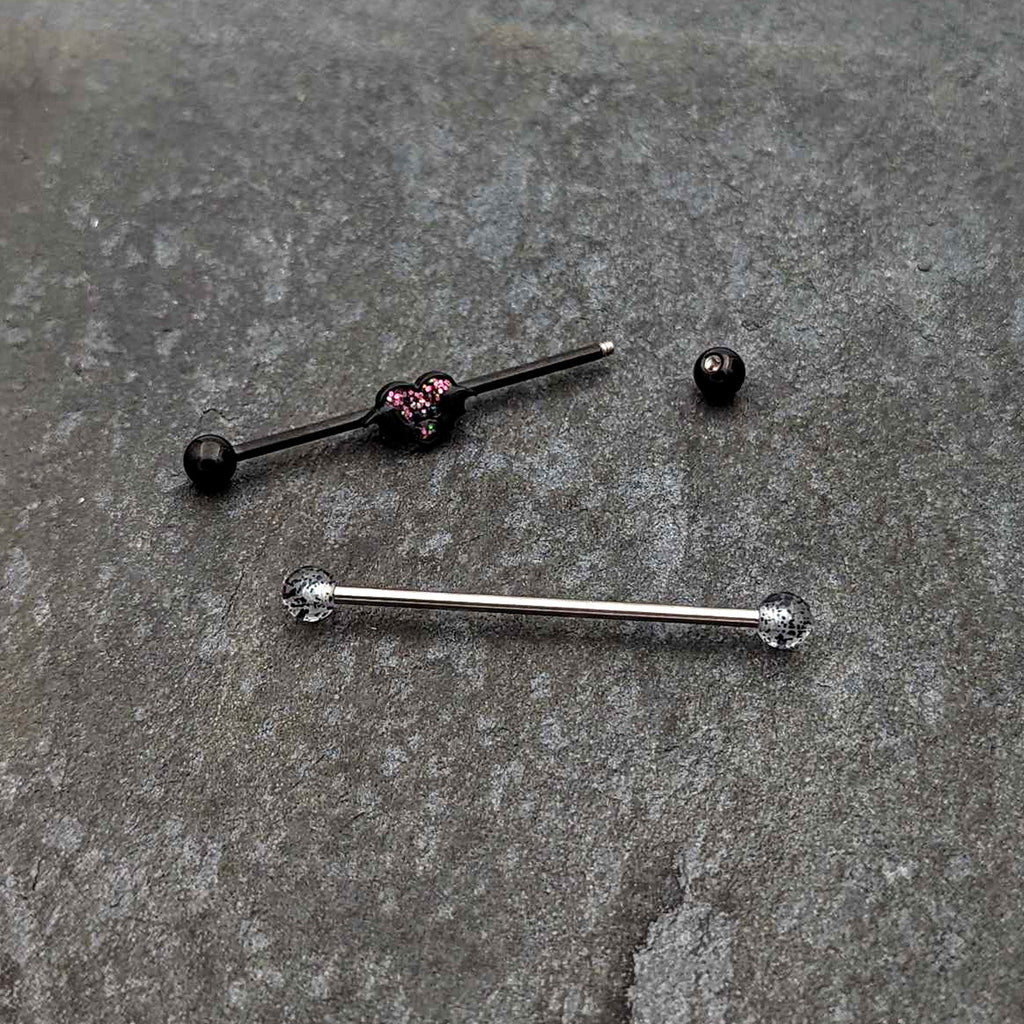 BodyCandy 14G Black Bat Heart Halloween Clear Industrial Barbell 38mm Set of 2 — side view