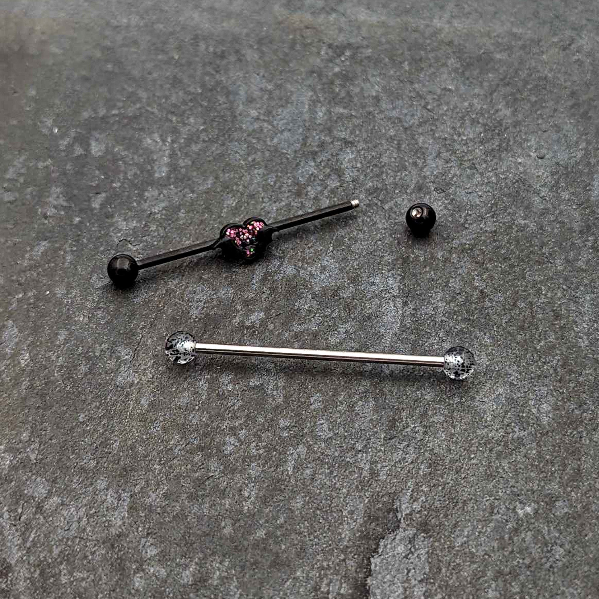 BodyCandy 14G Black Bat Heart Halloween Clear Industrial Barbell 38mm Set of 2 — side view