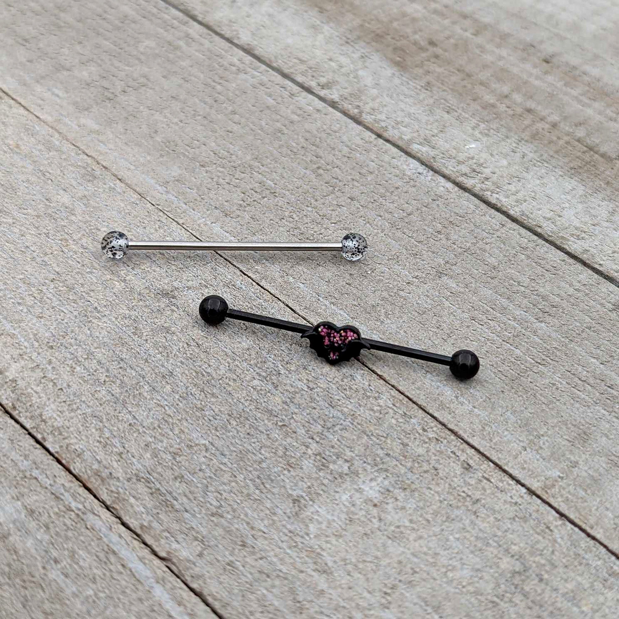 BodyCandy 14G Black Bat Heart Halloween Clear Industrial Barbell 38mm Set of 2 — back view