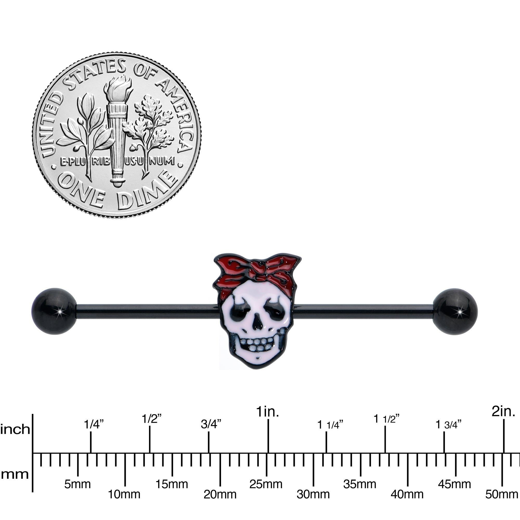 BodyCandy 14G Black Halloween Skull Kerchief Industrial Barbell 38mm — detail close-up