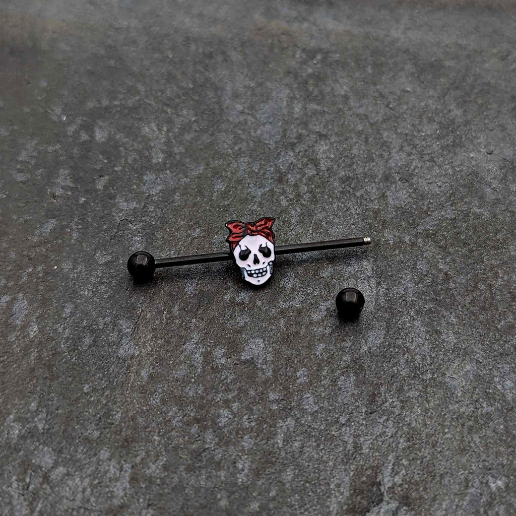 BodyCandy 14G Black Halloween Skull Kerchief Industrial Barbell 38mm — side view