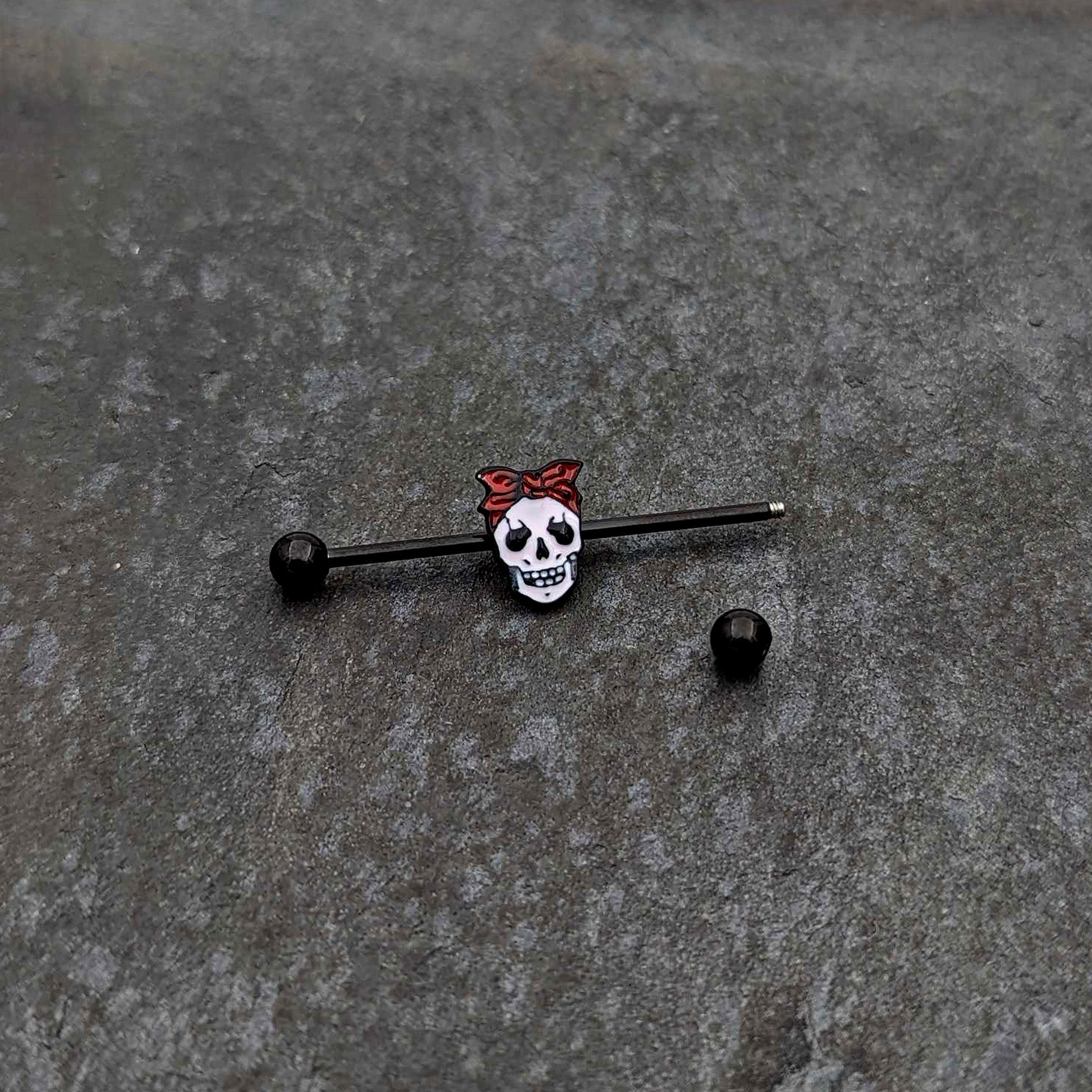 BodyCandy 14G Black Halloween Skull Kerchief Industrial Barbell 38mm — side view