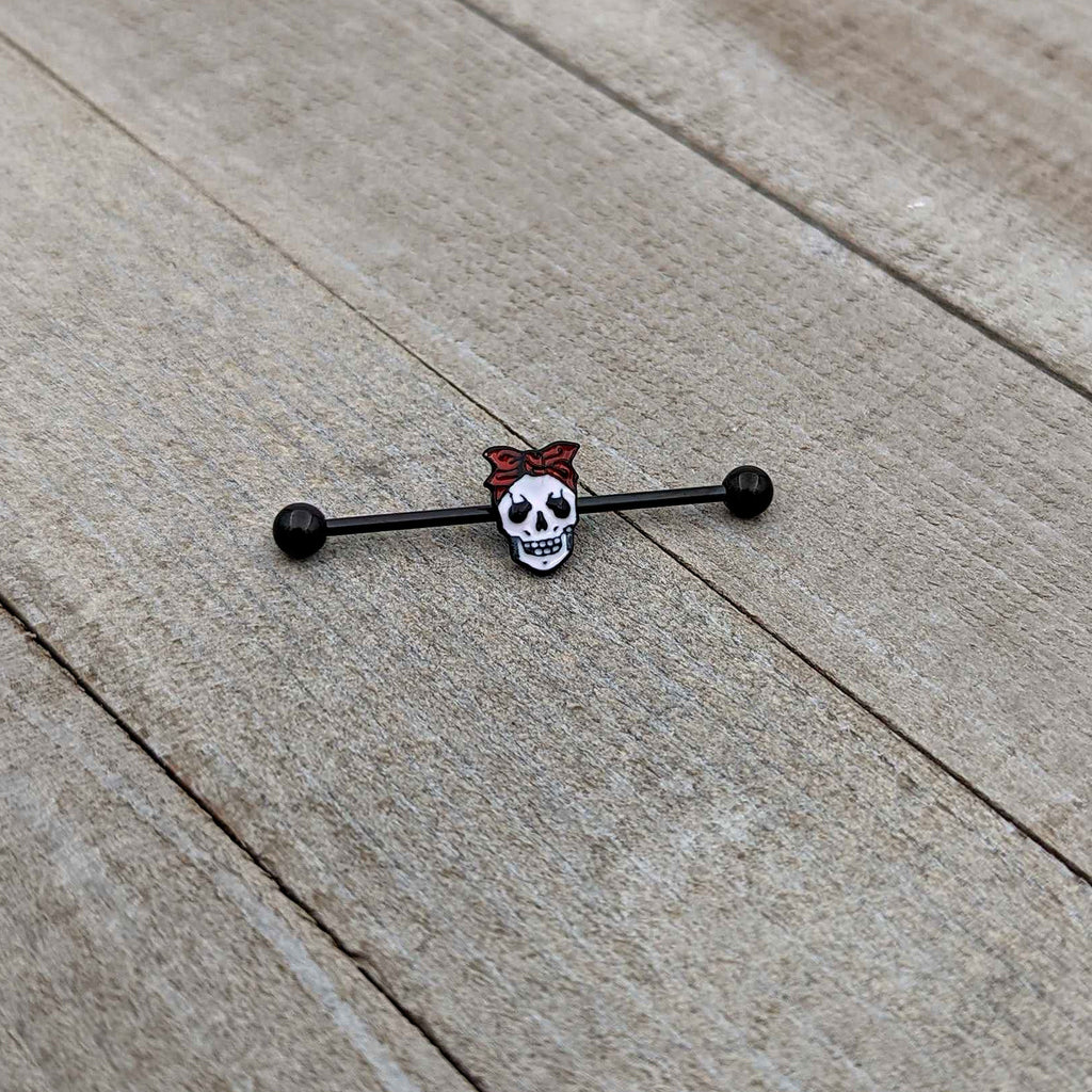 BodyCandy 14G Black Halloween Skull Kerchief Industrial Barbell 38mm — back view