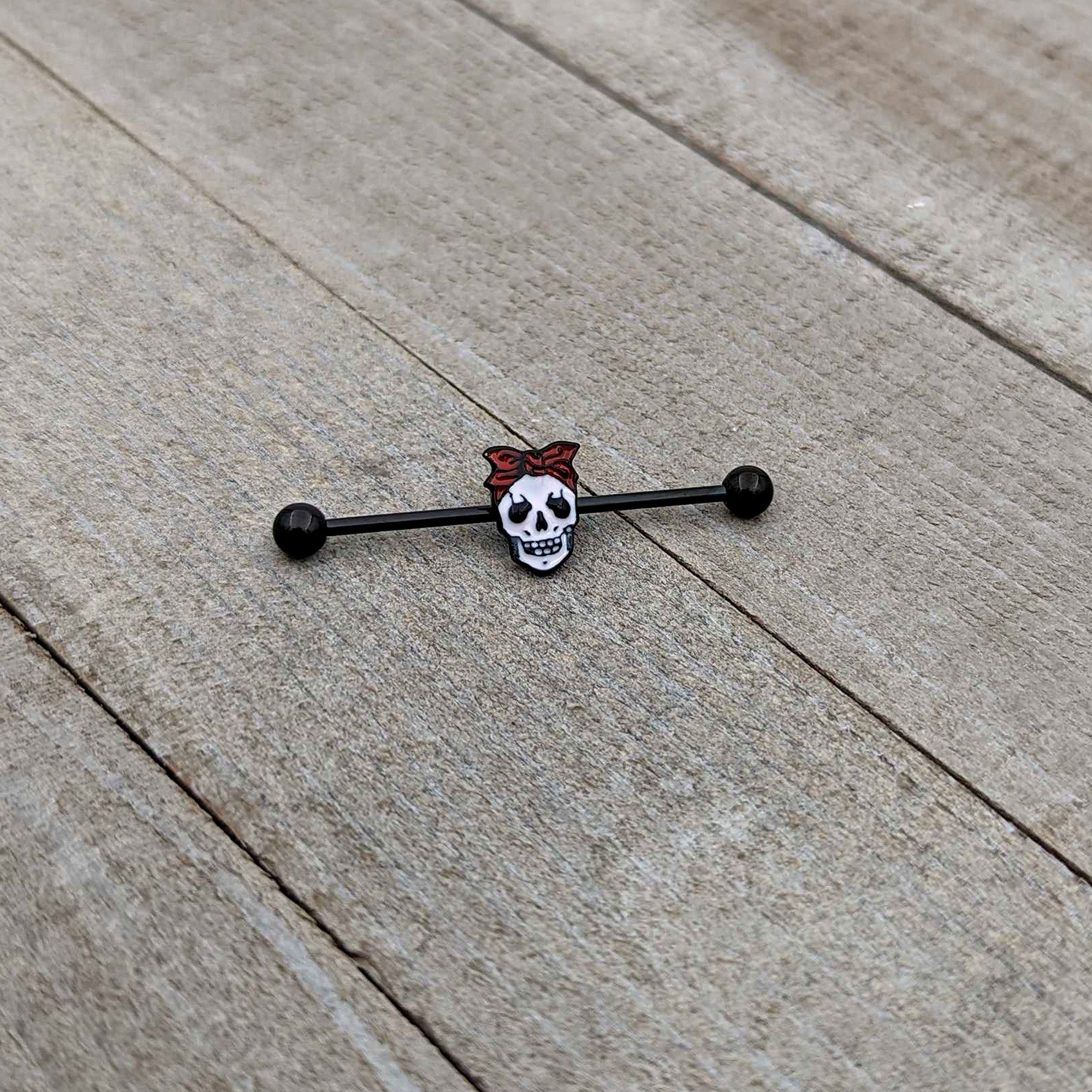 BodyCandy 14G Black Halloween Skull Kerchief Industrial Barbell 38mm — back view