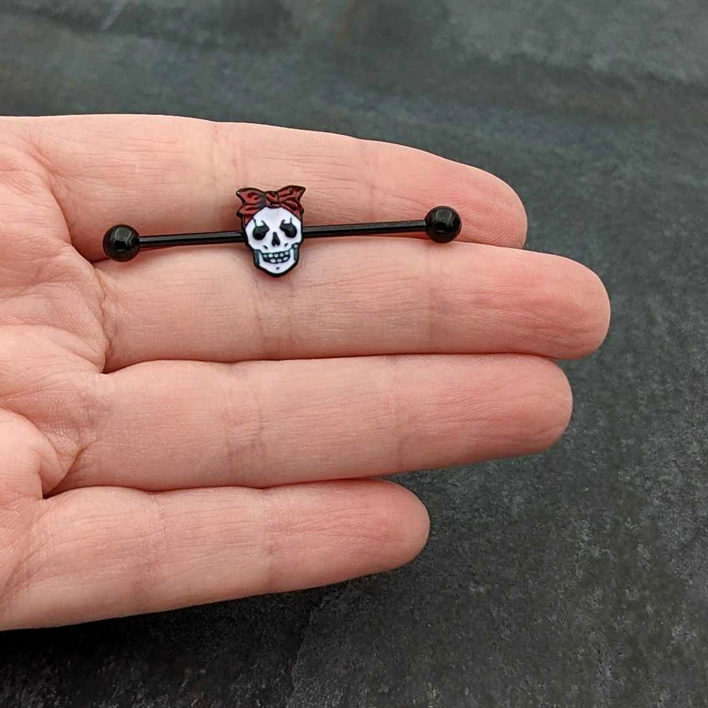 BodyCandy 14G Black Halloween Skull Kerchief Industrial Barbell 38mm — in-use photo