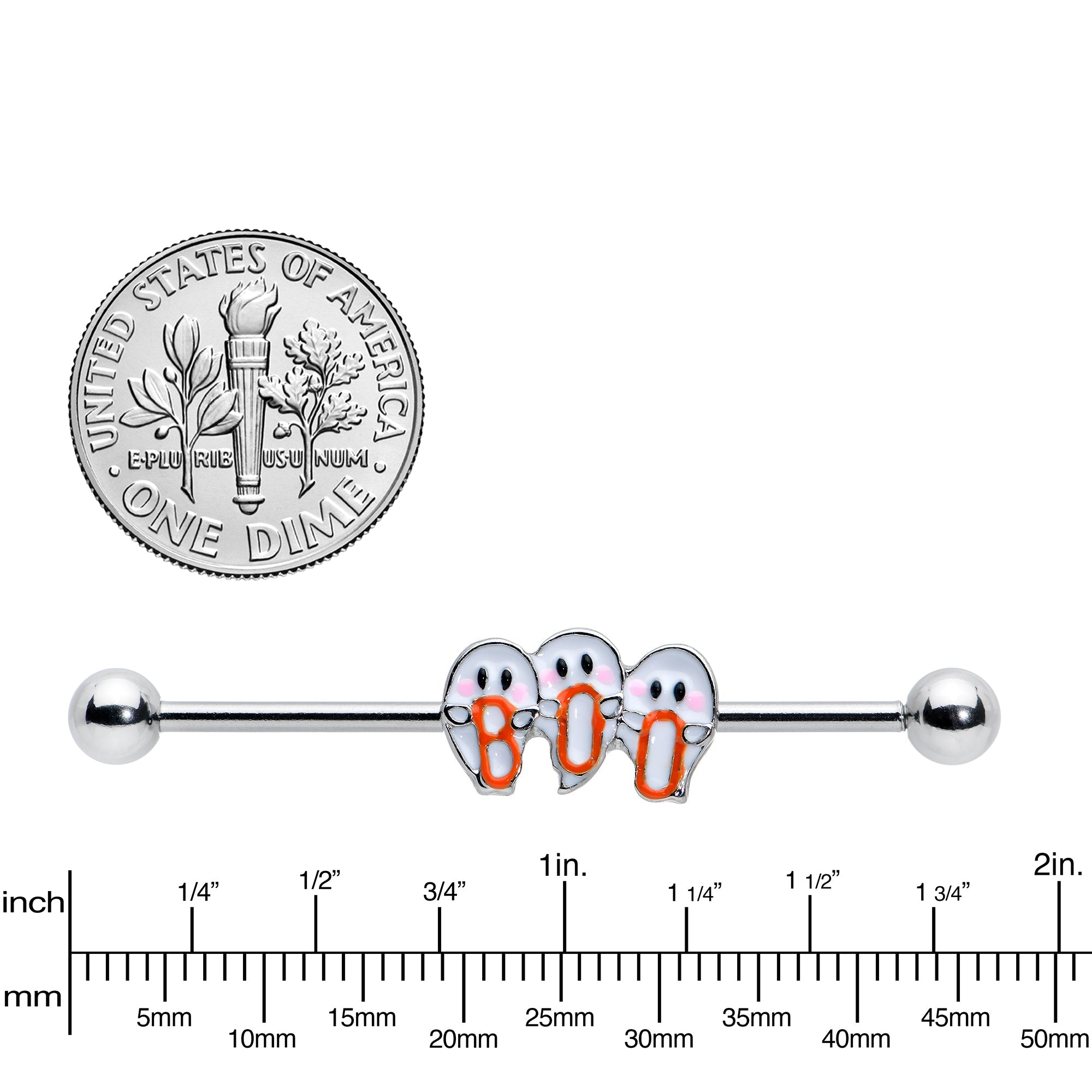 BodyCandy 14G Retro Halloween Boo Ghost Trio Industrial Barbell 38mm — detail close-up