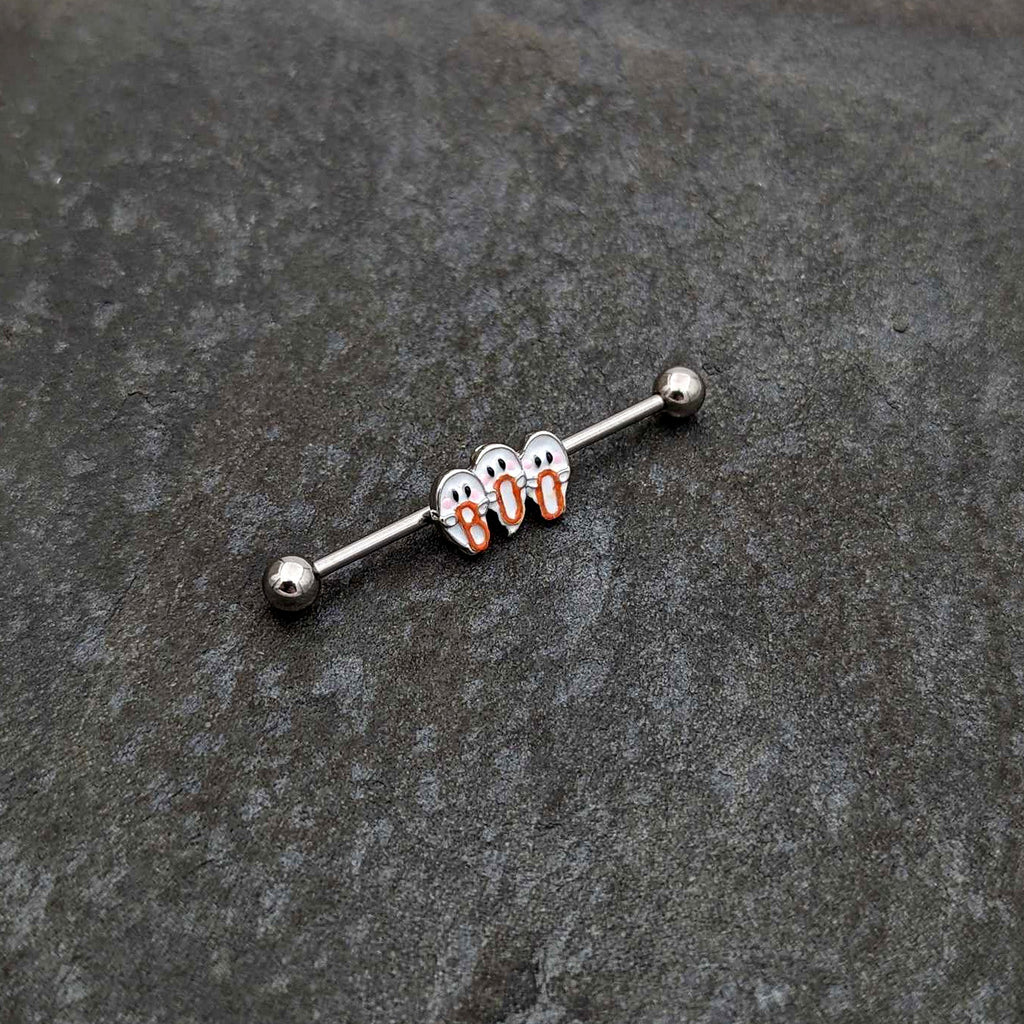 BodyCandy 14G Retro Halloween Boo Ghost Trio Industrial Barbell 38mm — lifestyle context