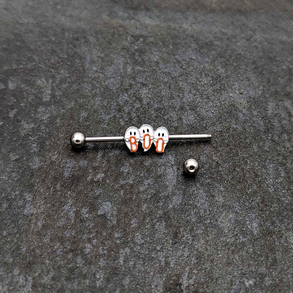 BodyCandy 14G Retro Halloween Boo Ghost Trio Industrial Barbell 38mm — side view