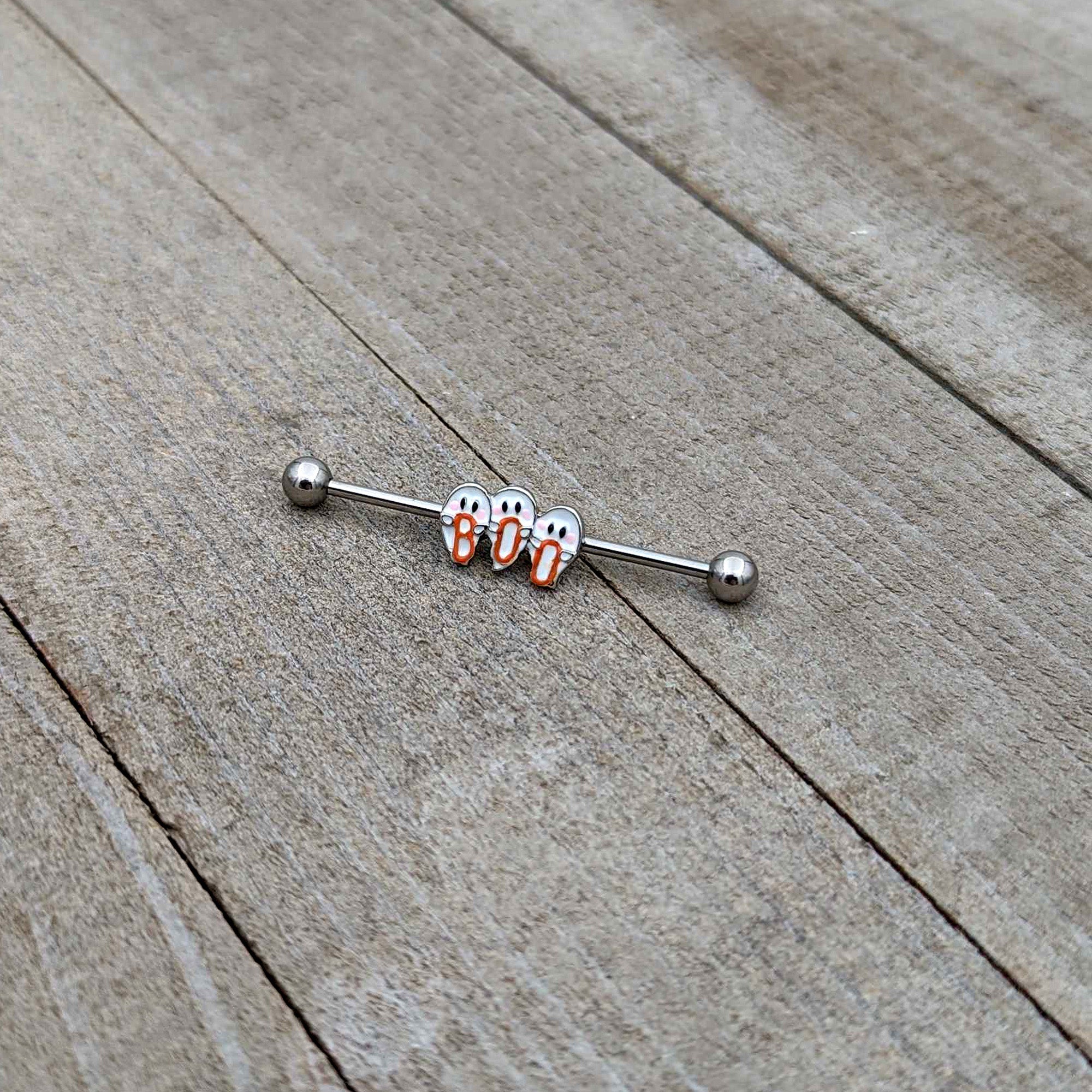 BodyCandy 14G Retro Halloween Boo Ghost Trio Industrial Barbell 38mm — back view