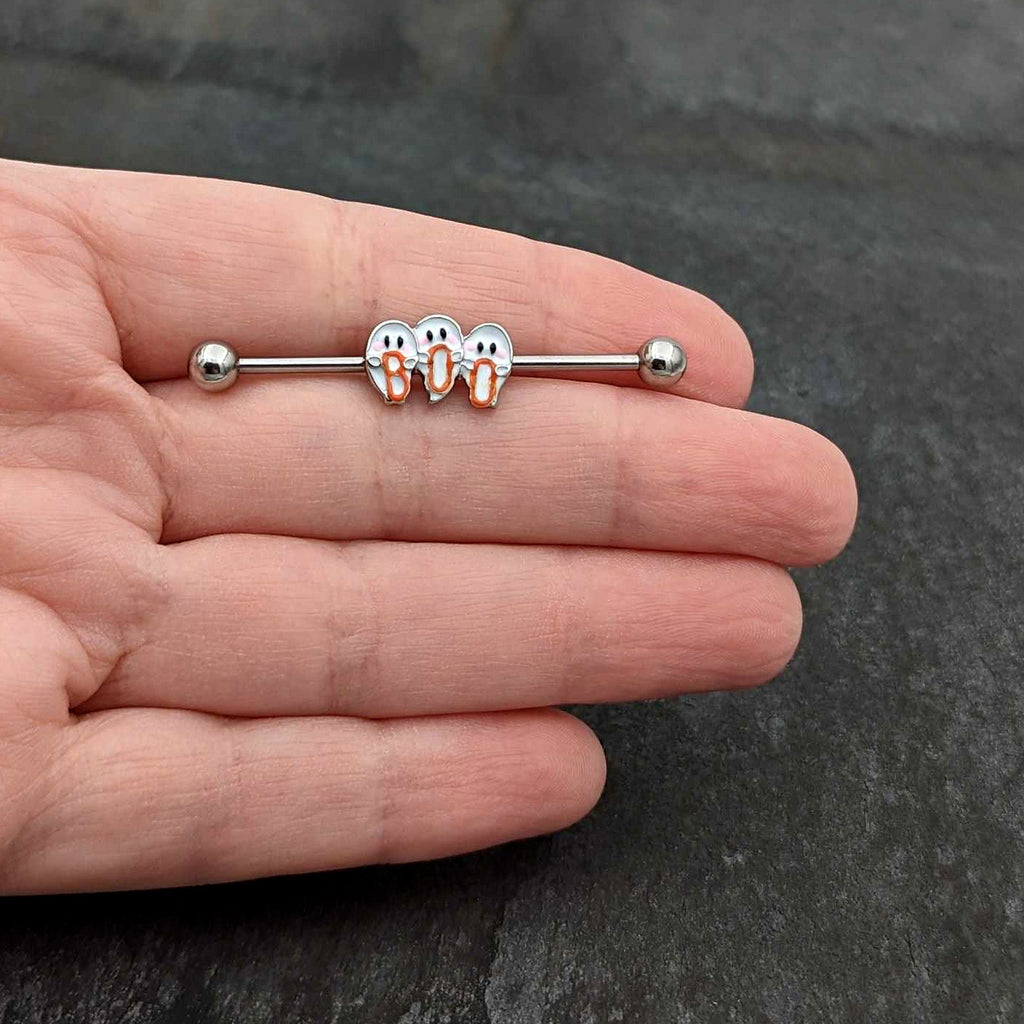 BodyCandy 14G Retro Halloween Boo Ghost Trio Industrial Barbell 38mm — in-use photo