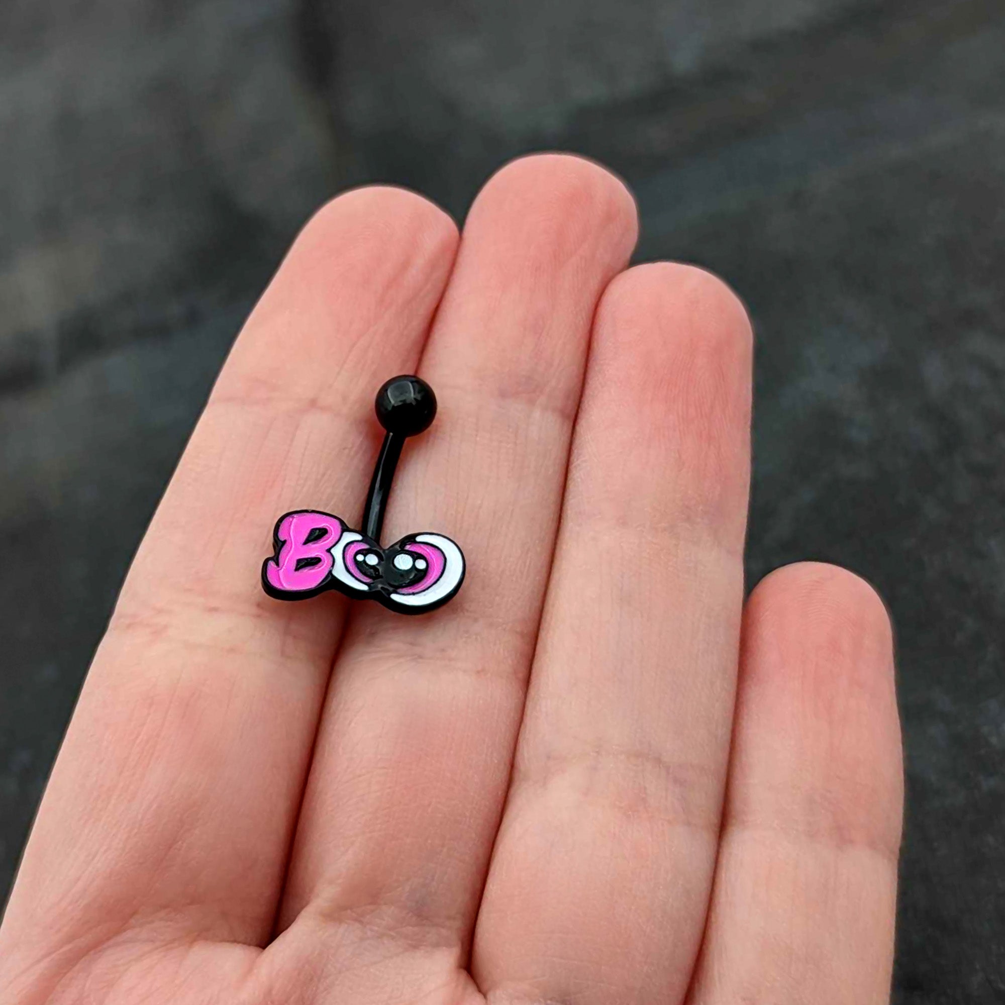 BodyCandy Black Boo Eyes Beauty Pink White Halloween Belly Ring — side view