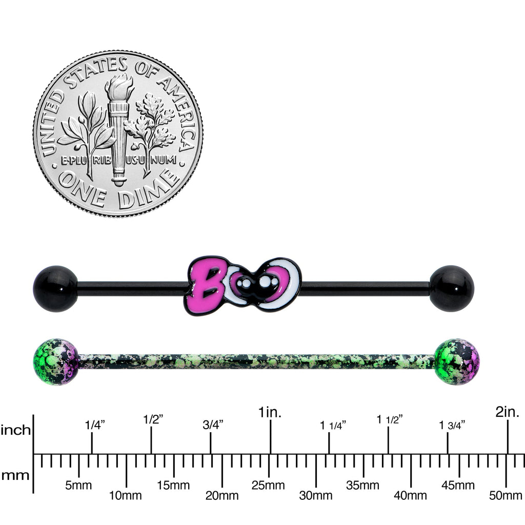 BodyCandy 14G Black Halloween Pink Boo Green Industrial Barbell 38mm Set of 2 — detail close-up
