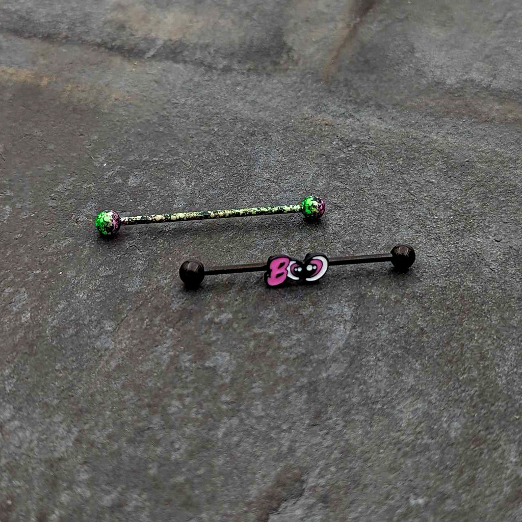 BodyCandy 14G Black Halloween Pink Boo Green Industrial Barbell 38mm Set of 2 — lifestyle context
