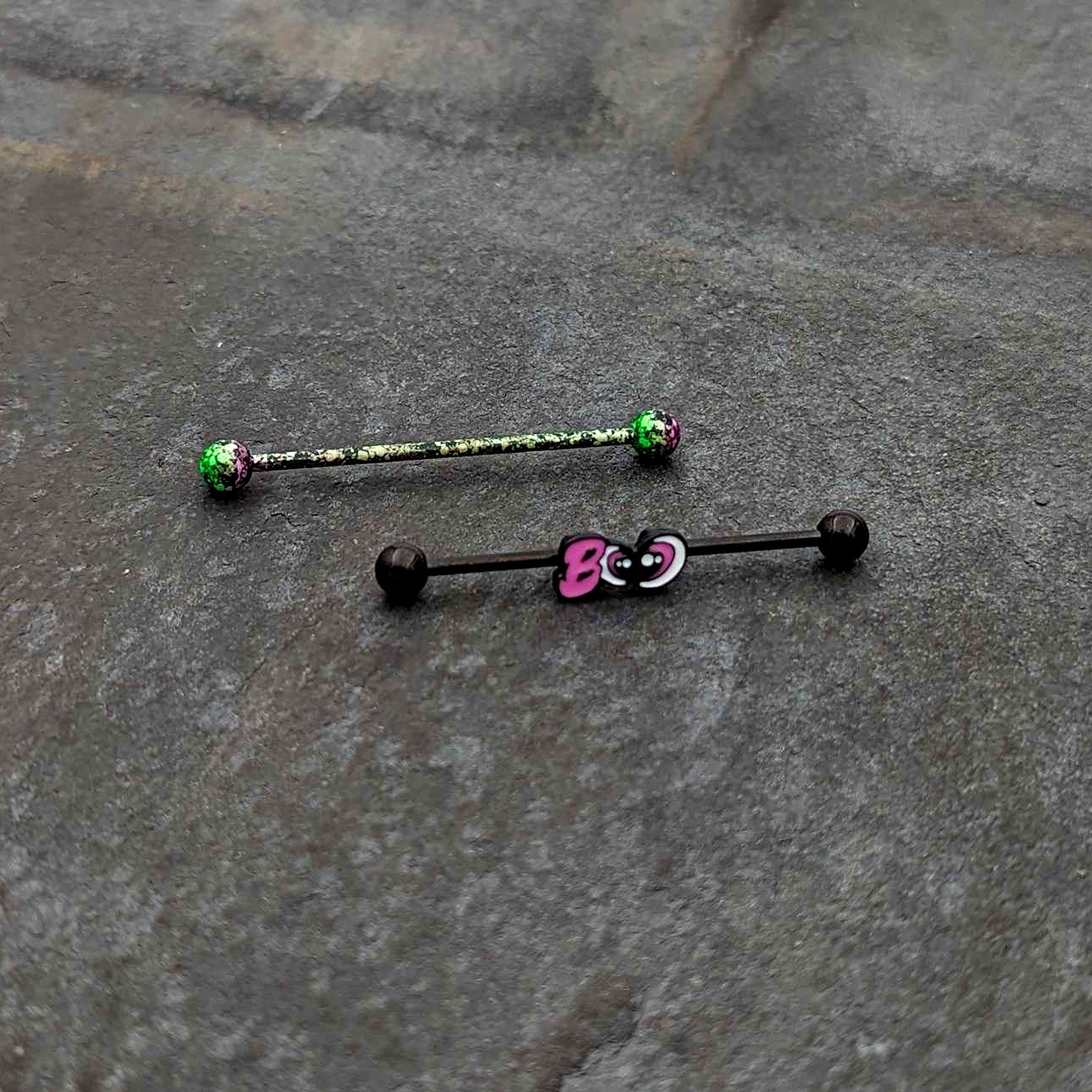 BodyCandy 14G Black Halloween Pink Boo Green Industrial Barbell 38mm Set of 2 — lifestyle context