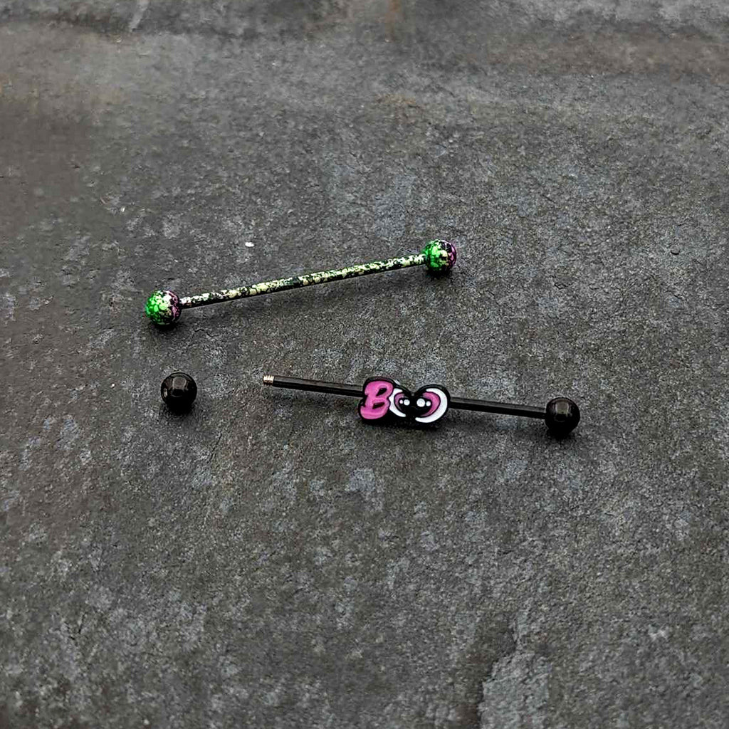 BodyCandy 14G Black Halloween Pink Boo Green Industrial Barbell 38mm Set of 2 — side view