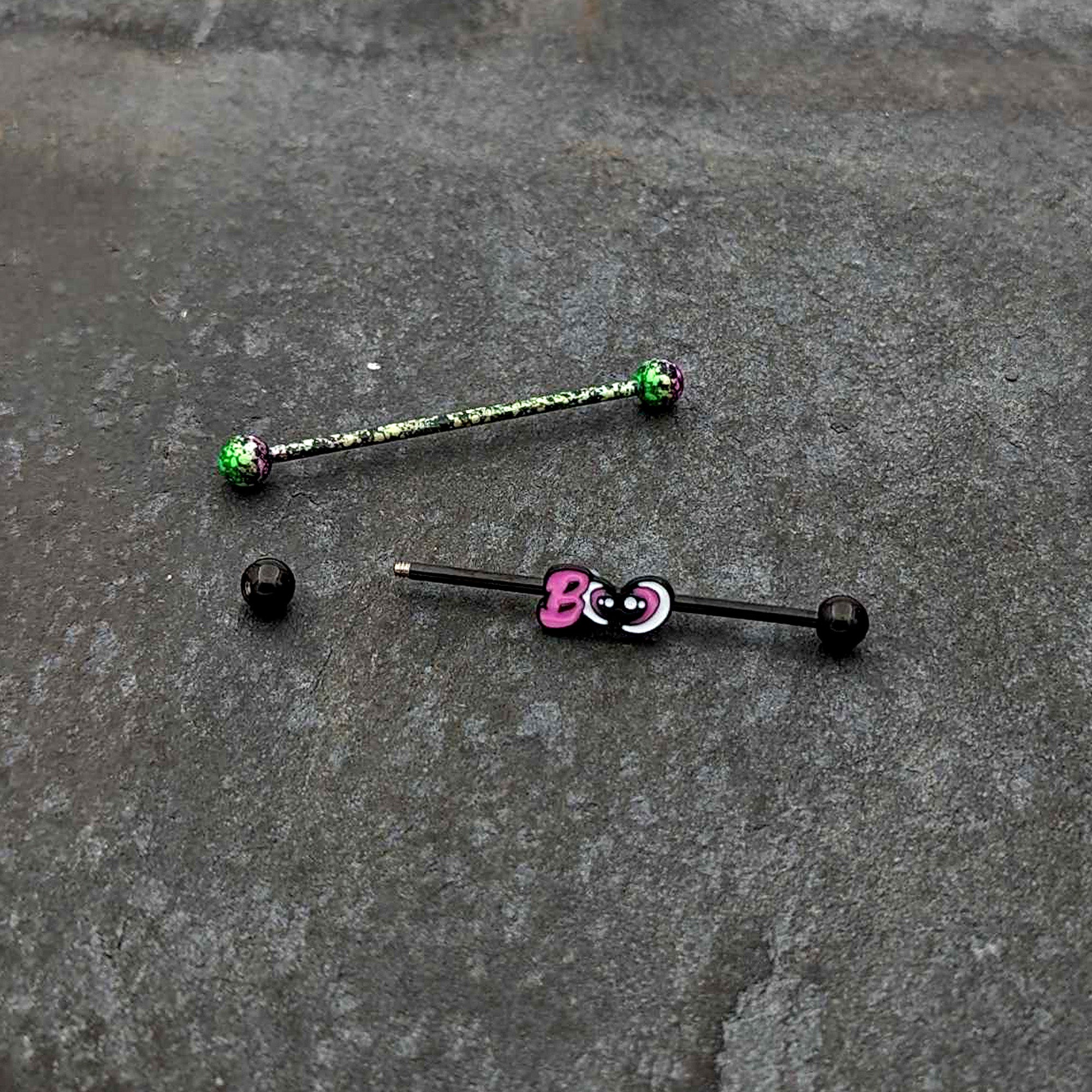 BodyCandy 14G Black Halloween Pink Boo Green Industrial Barbell 38mm Set of 2 — side view