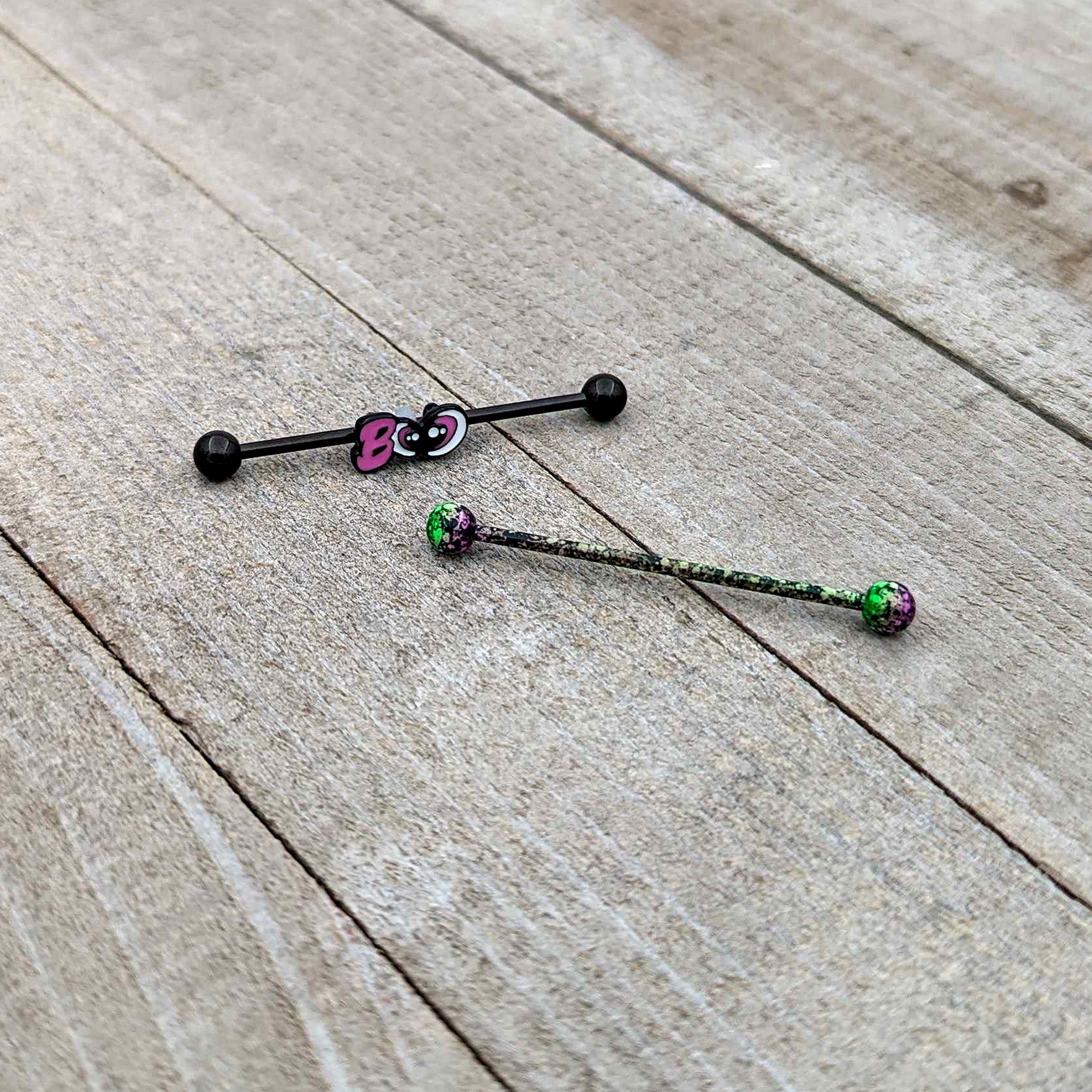 BodyCandy 14G Black Halloween Pink Boo Green Industrial Barbell 38mm Set of 2 — back view