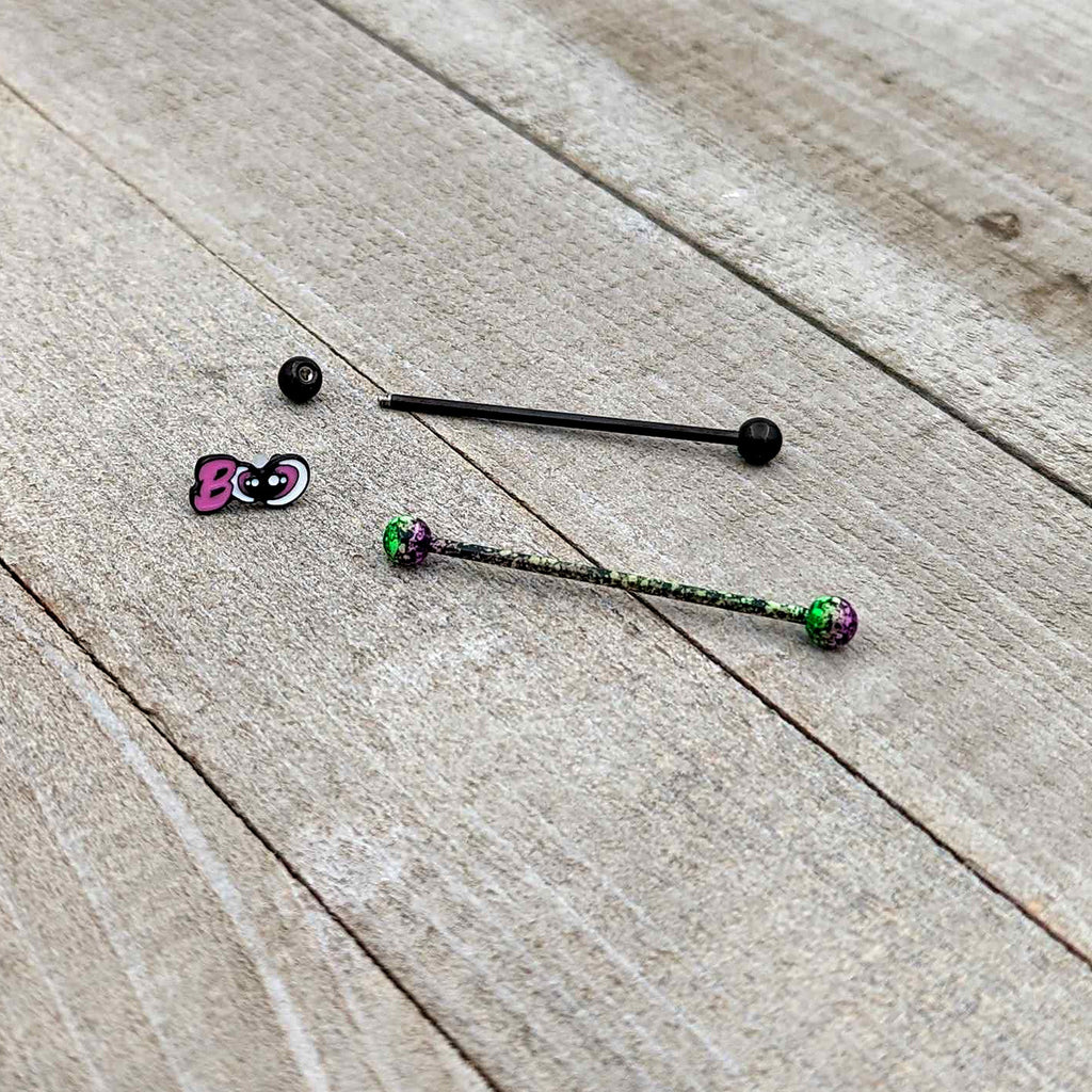 BodyCandy 14G Black Halloween Pink Boo Green Industrial Barbell 38mm Set of 2 — alternative angle