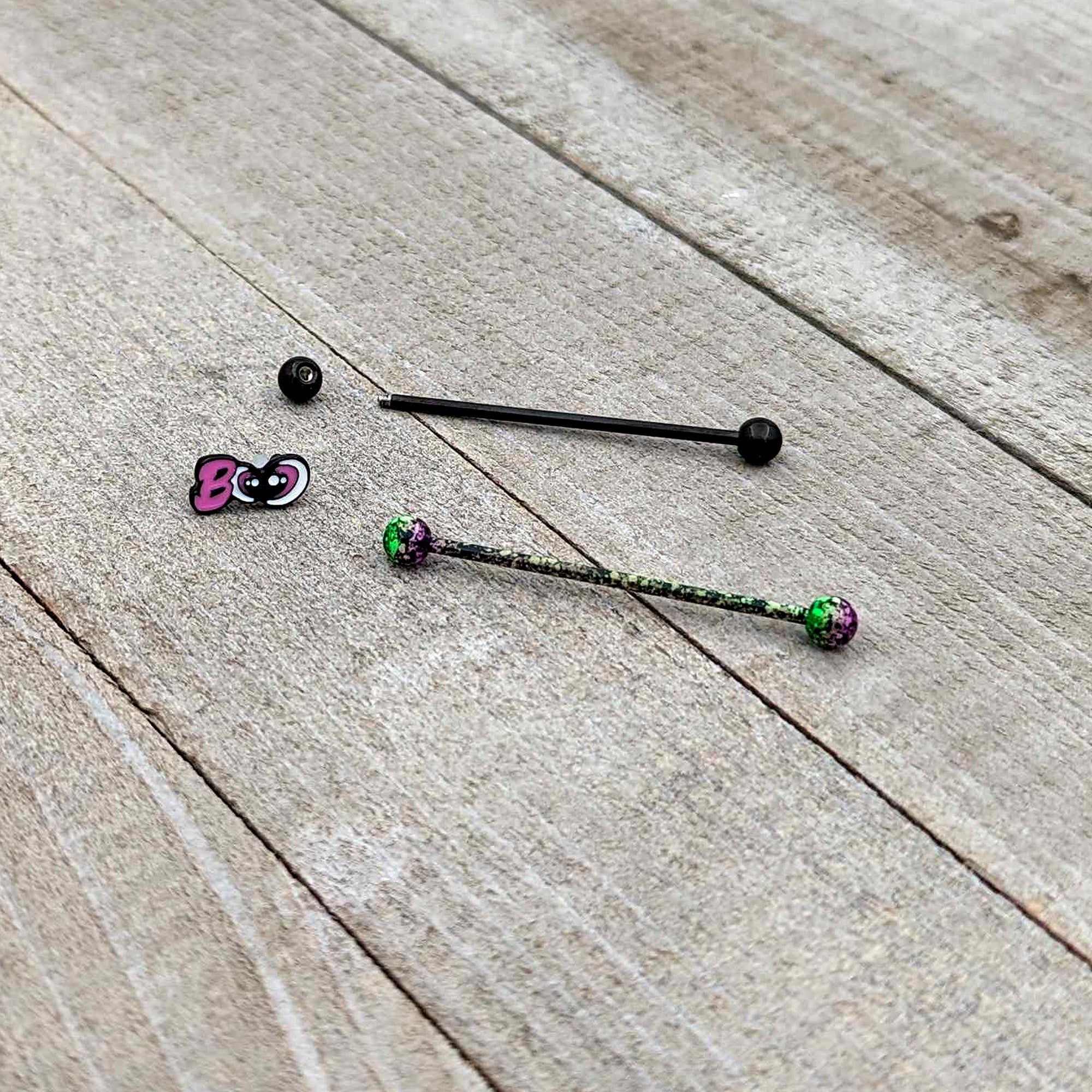 BodyCandy 14G Black Halloween Pink Boo Green Industrial Barbell 38mm Set of 2 — alternative angle